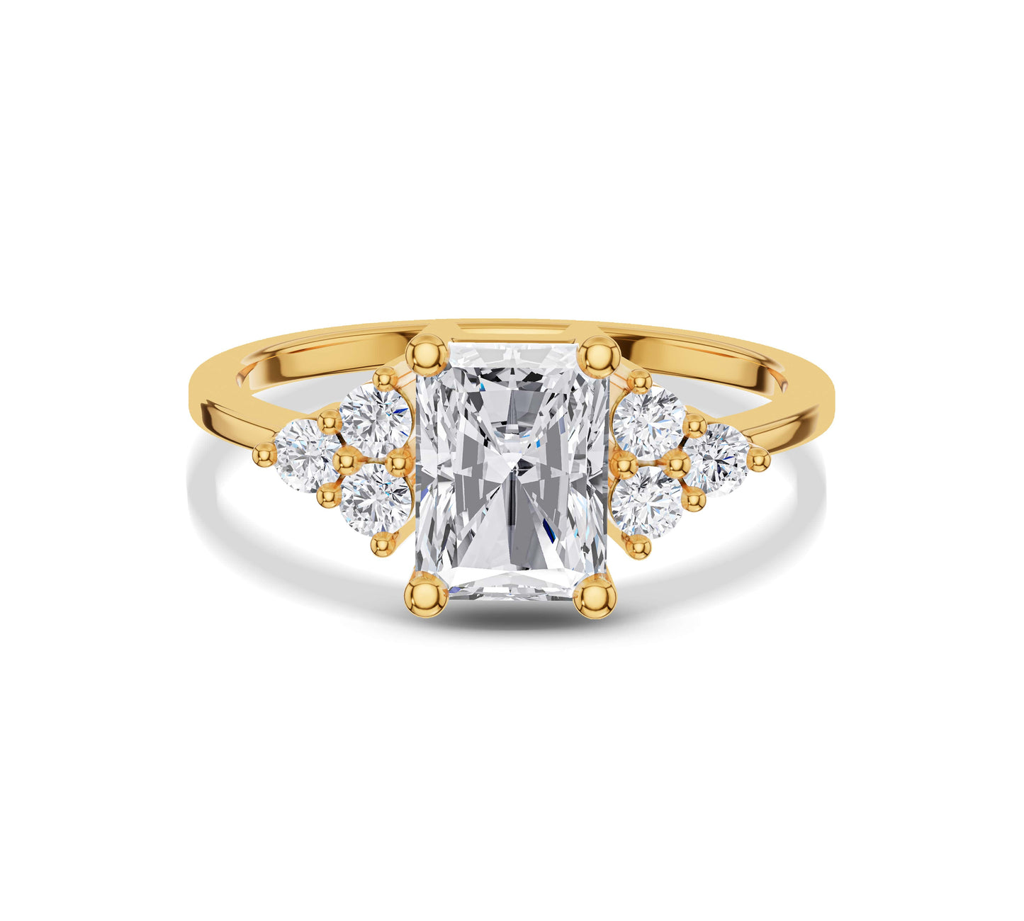 Radiant cut cluster side diamond ring in yellow gold
