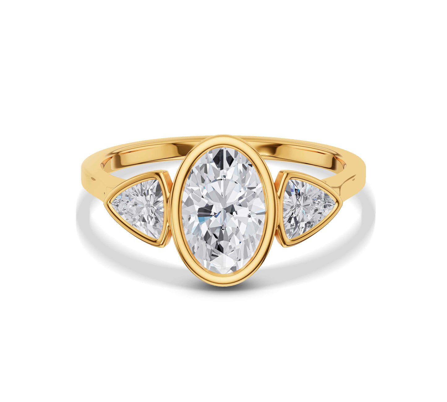 Oval diamond ring with trillion stones in yellow gold