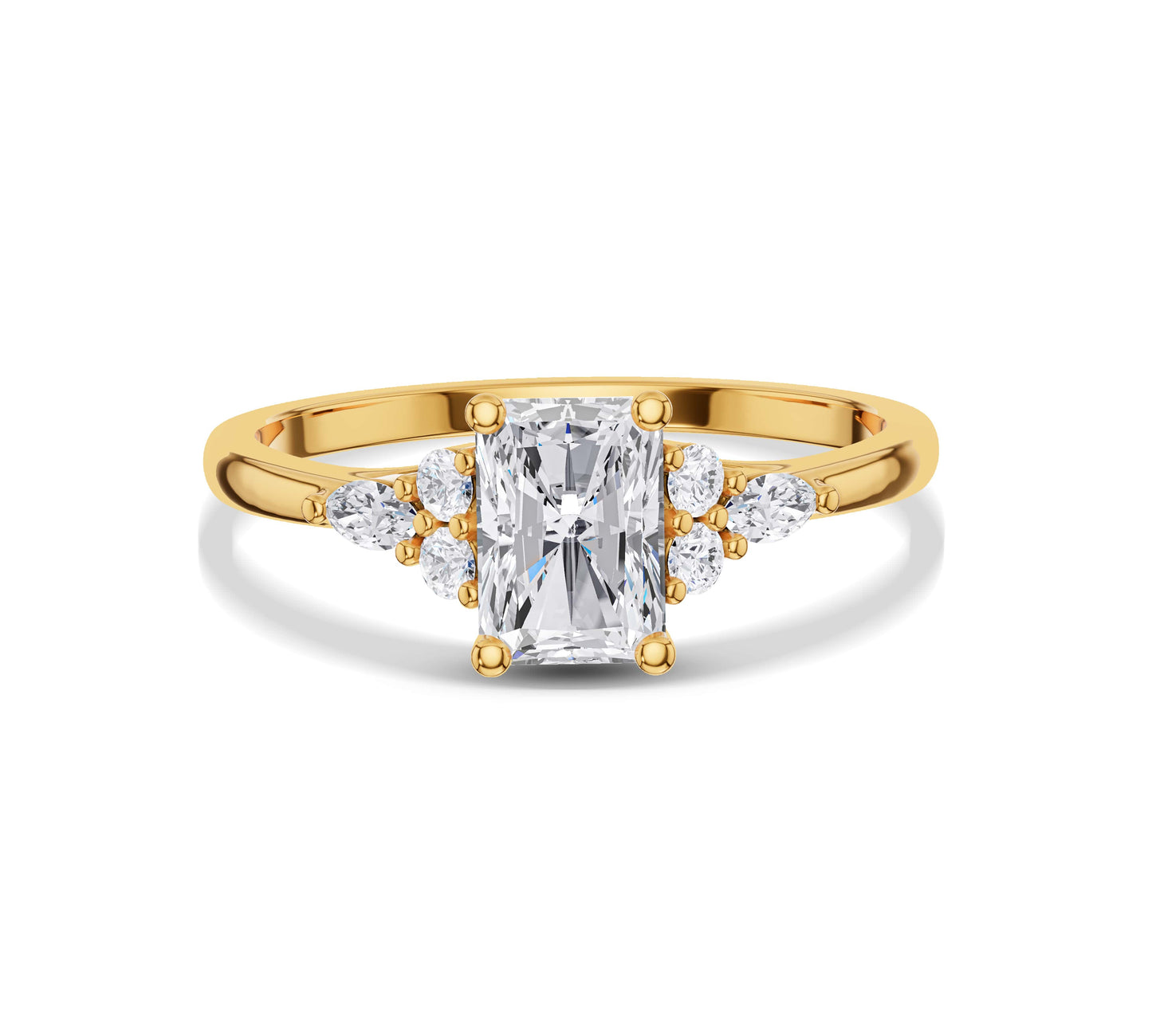 Radiant diamond ring with yellow gold cluster side