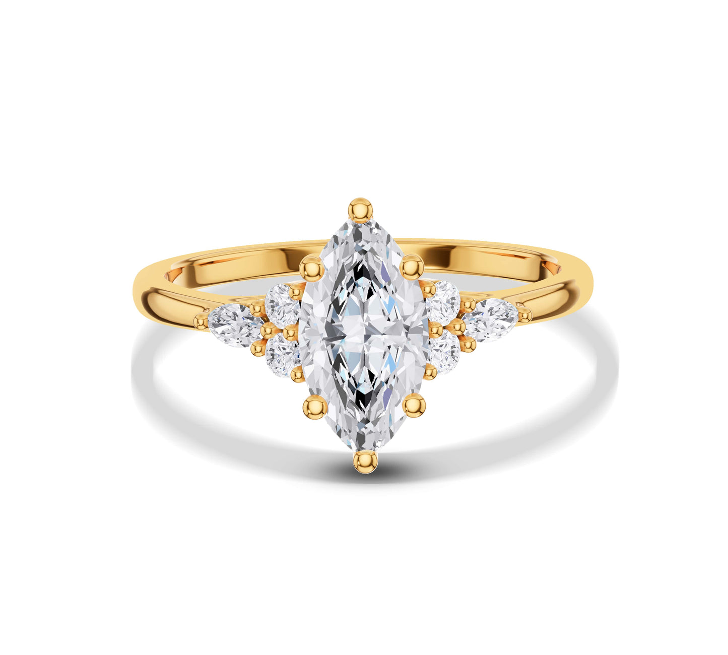 Marquise diamond ring with clusters in yellow gold