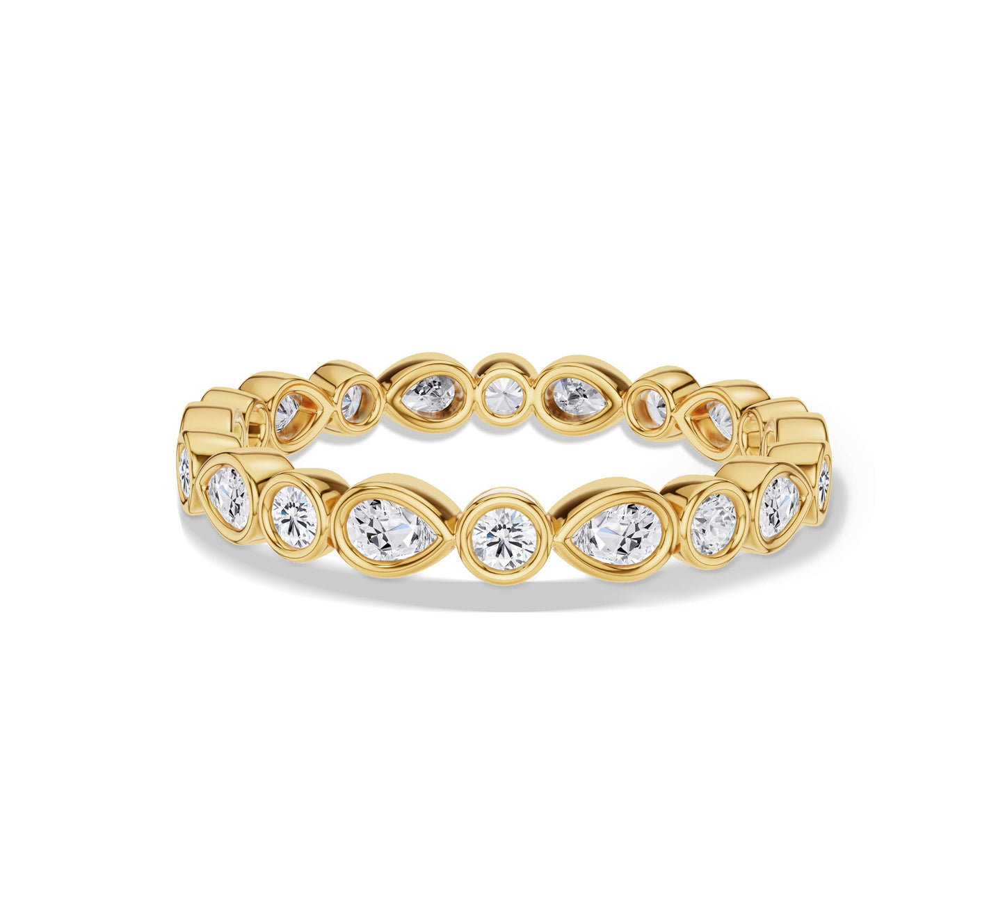 Yellow gold full eternity band with bezel set diamonds