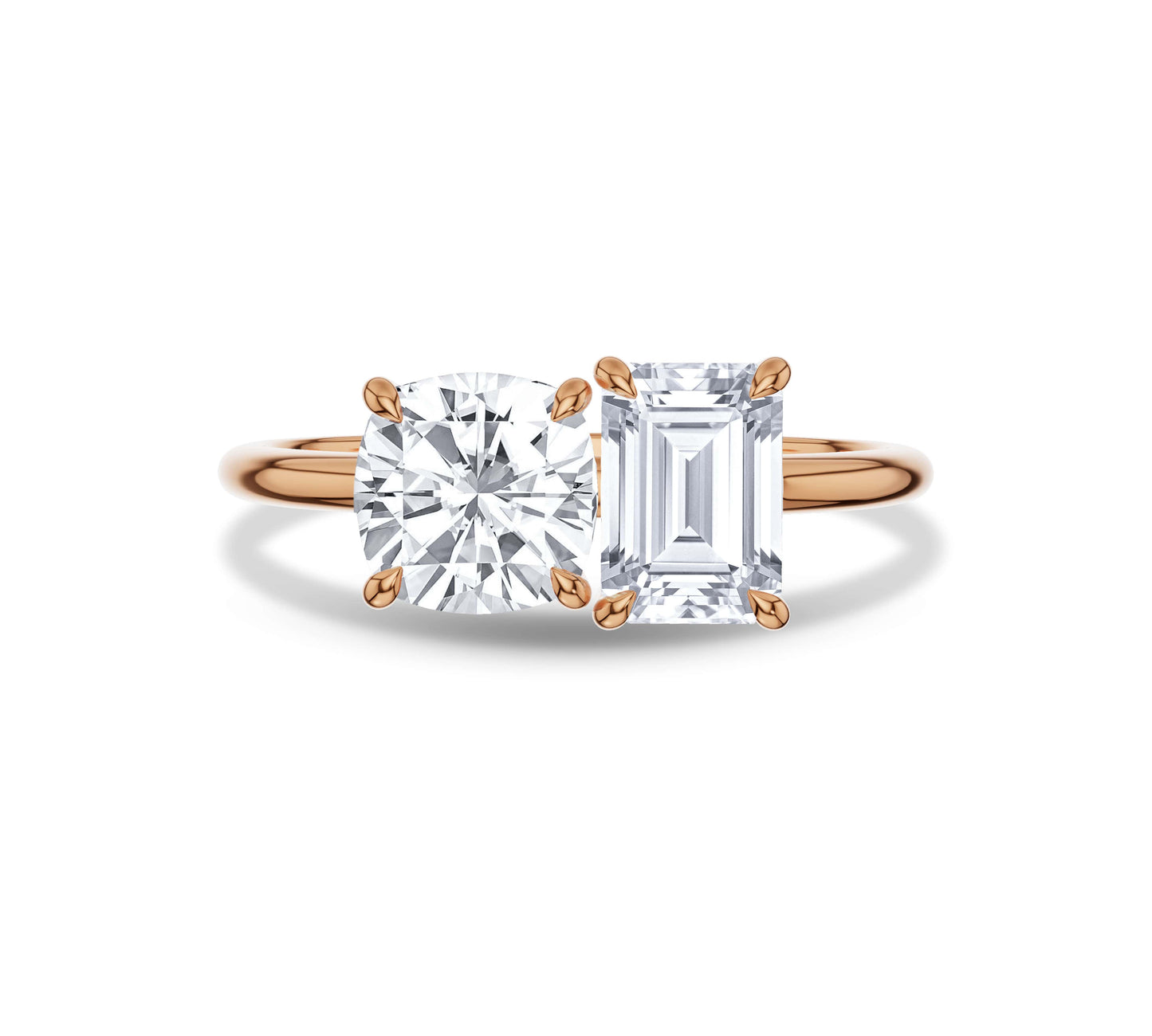Cushion and emerald cut rose gold Toi et Moi diamond ring