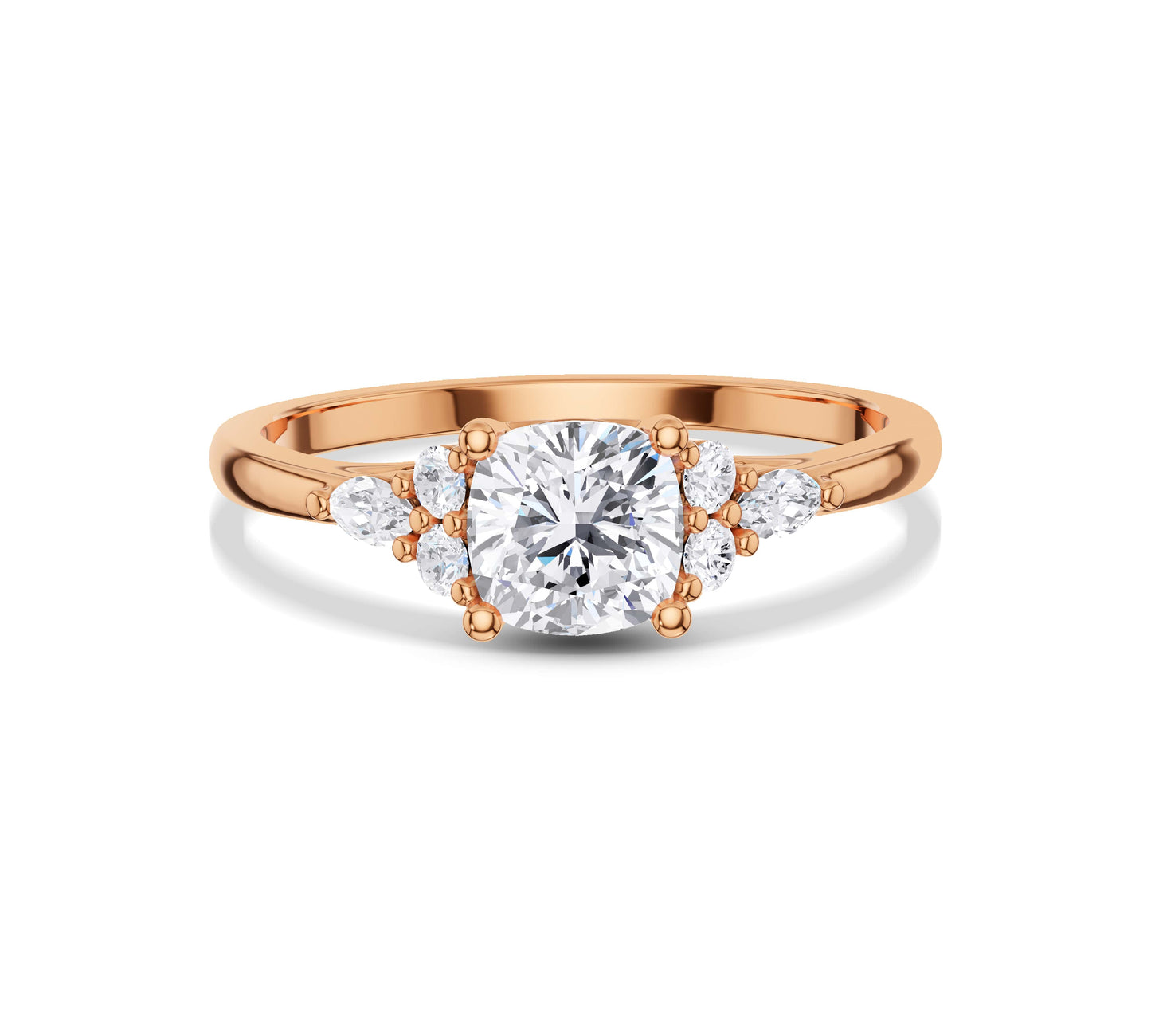 Soft square-cut diamond flanked by round brilliant accents