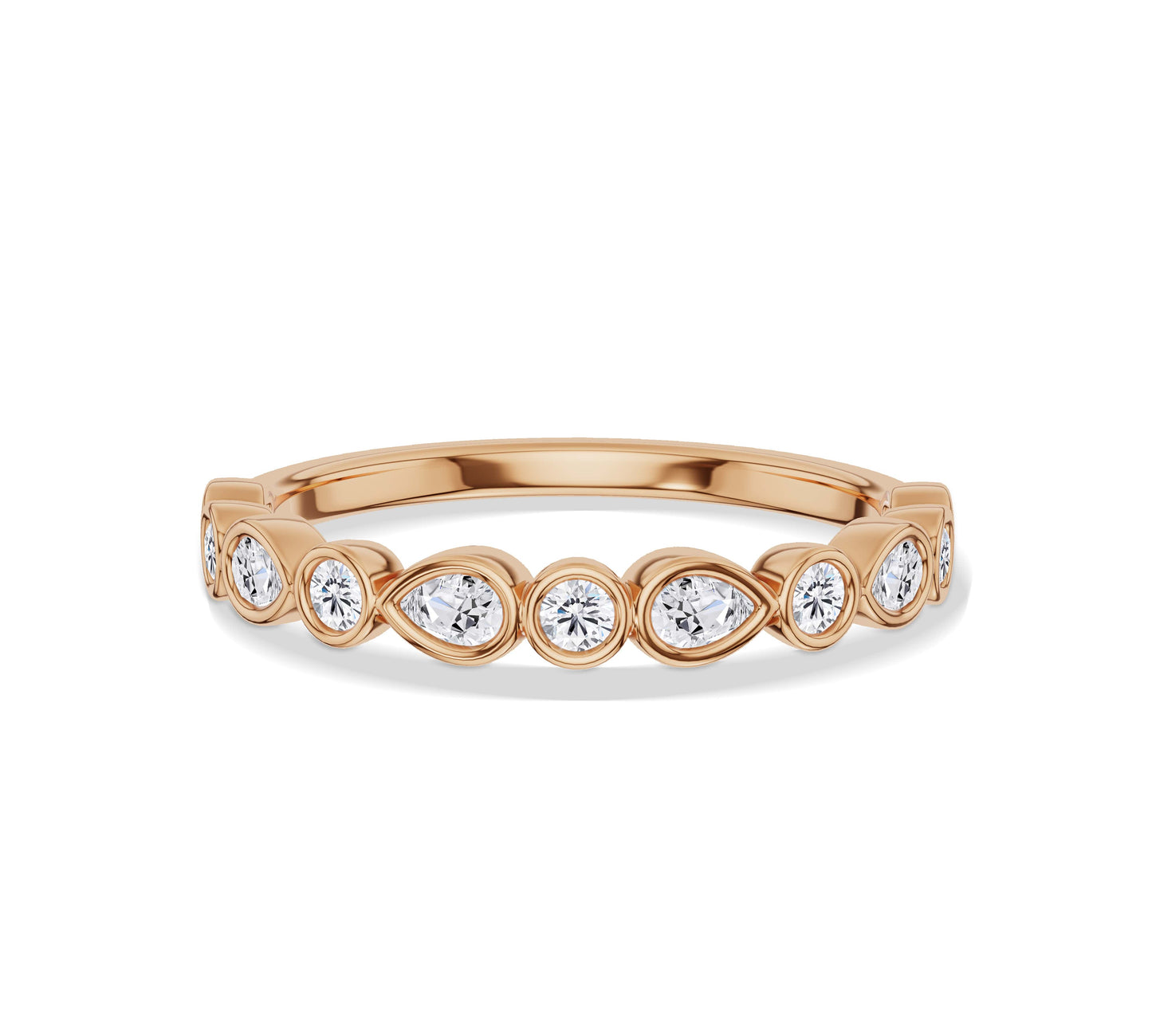 Rose gold eternity band with bezel pear and round diamonds