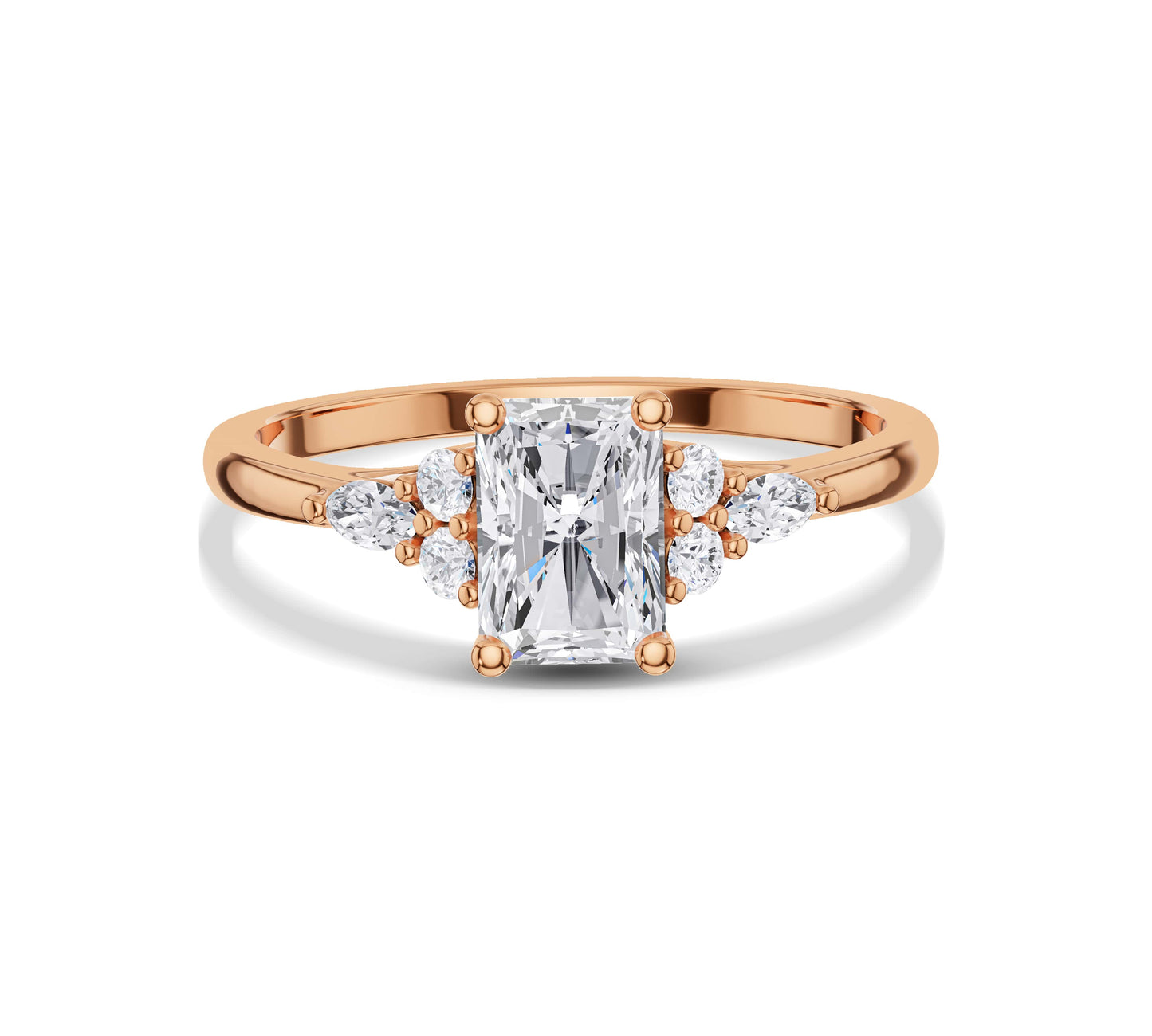 Rose gold radiant cut ring with sparkling side diamonds