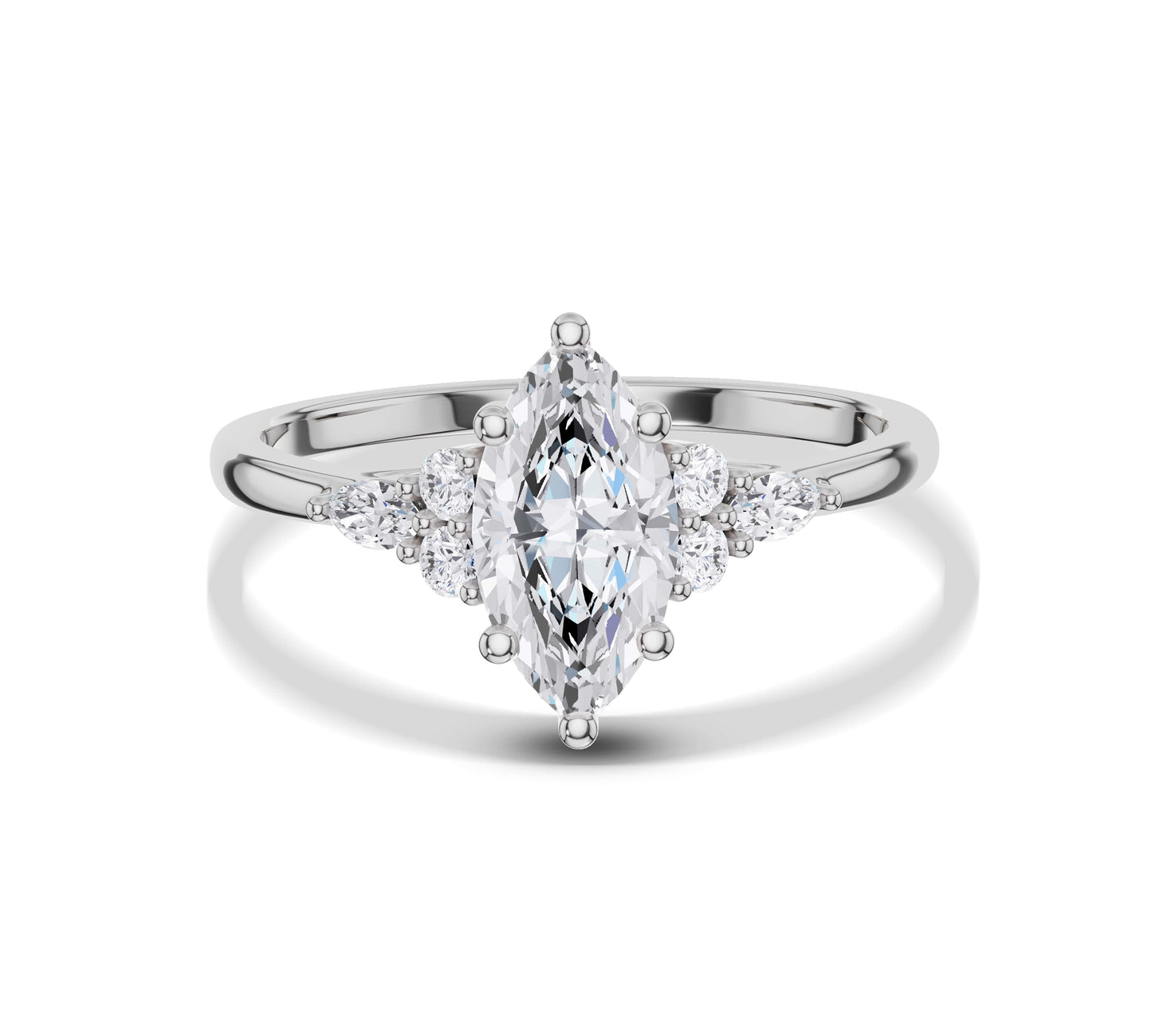 White gold marquise diamond ring with side stones