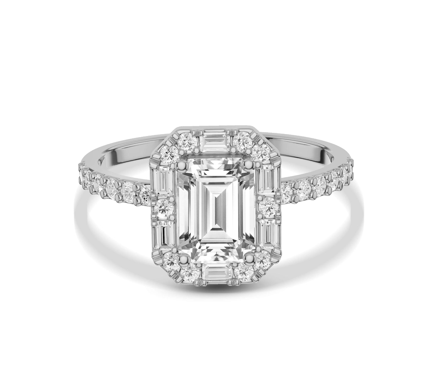 Side view of emerald-cut diamond ring with detailed halo