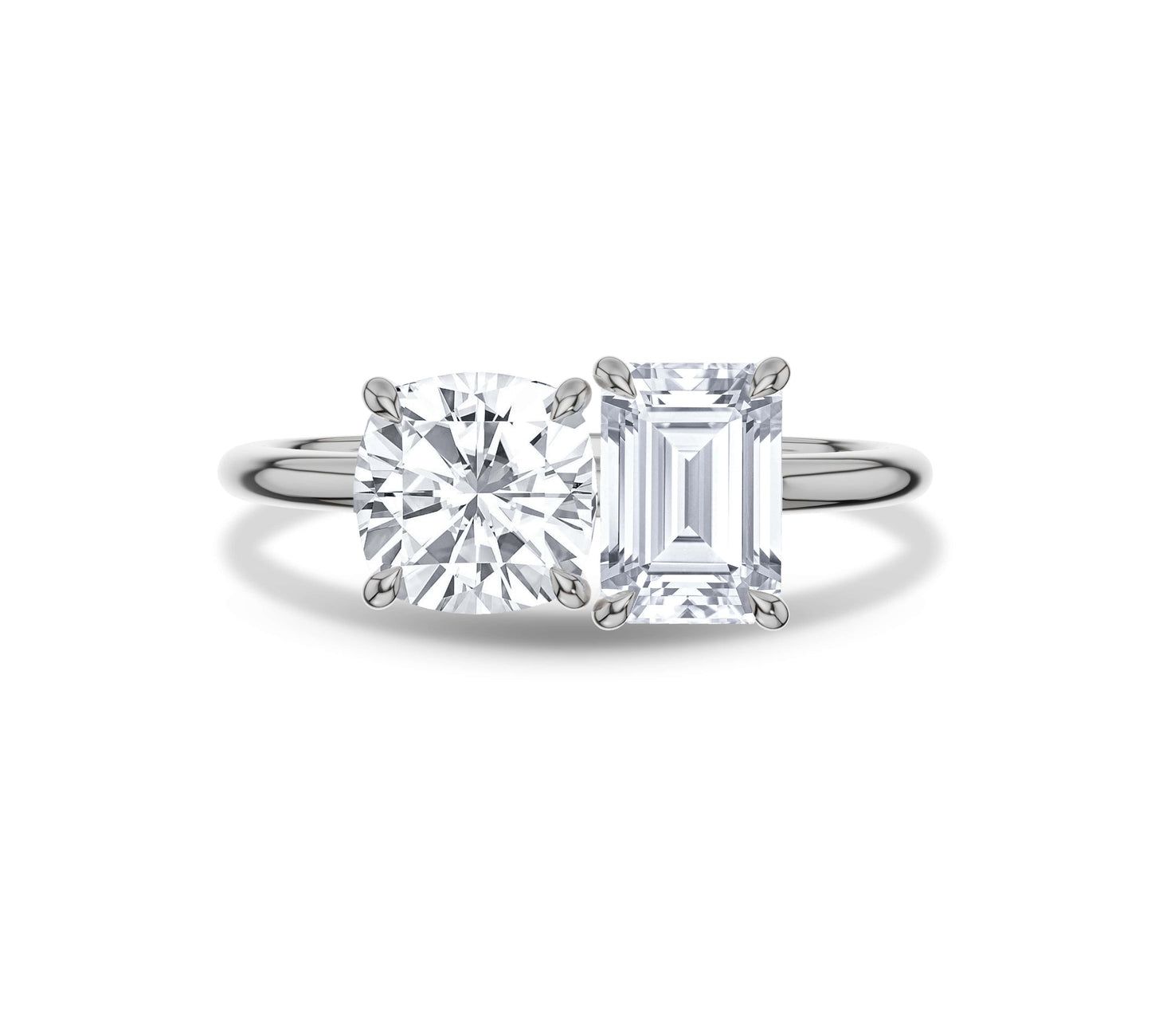Toi et Moi ring in white gold with cushion and emerald cuts