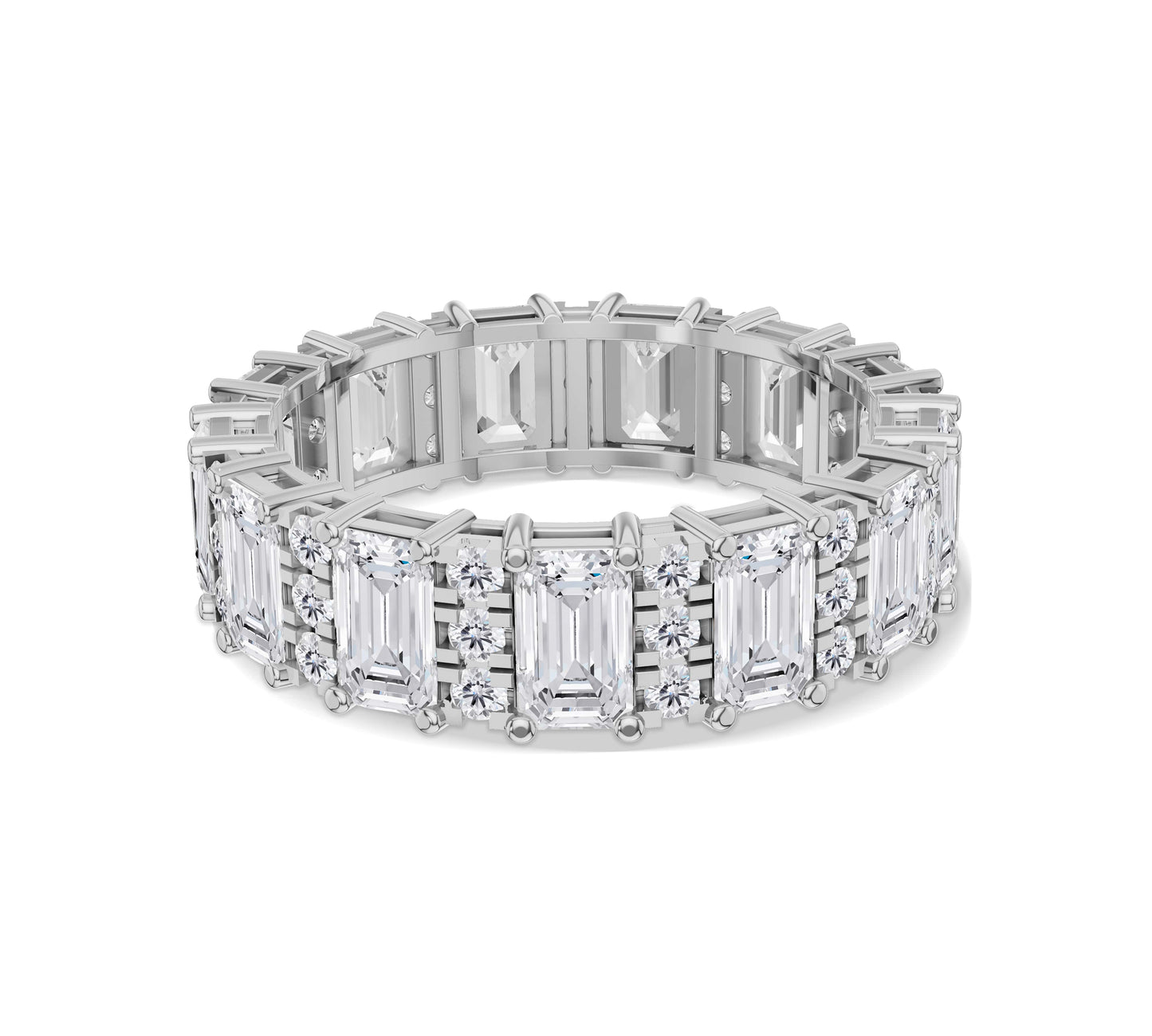 Emerald and round diamond gold eternity band with intricate craftsmanship