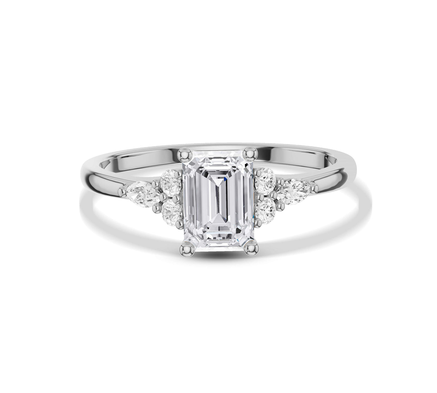 Emerald cut solitaire ring with pavé diamonds in white gold
