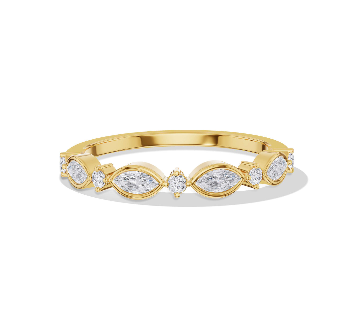Unique diamond ring with alternating marquise and round stones