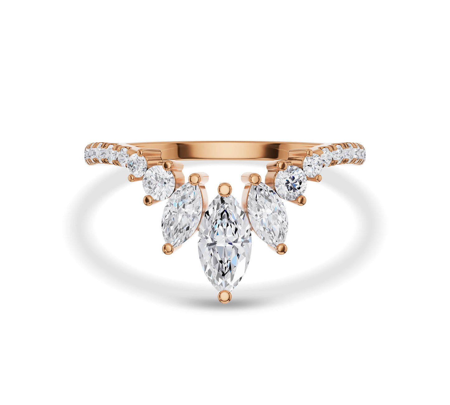 Tapered diamond cluster ring with marquise centerpiece rose gold