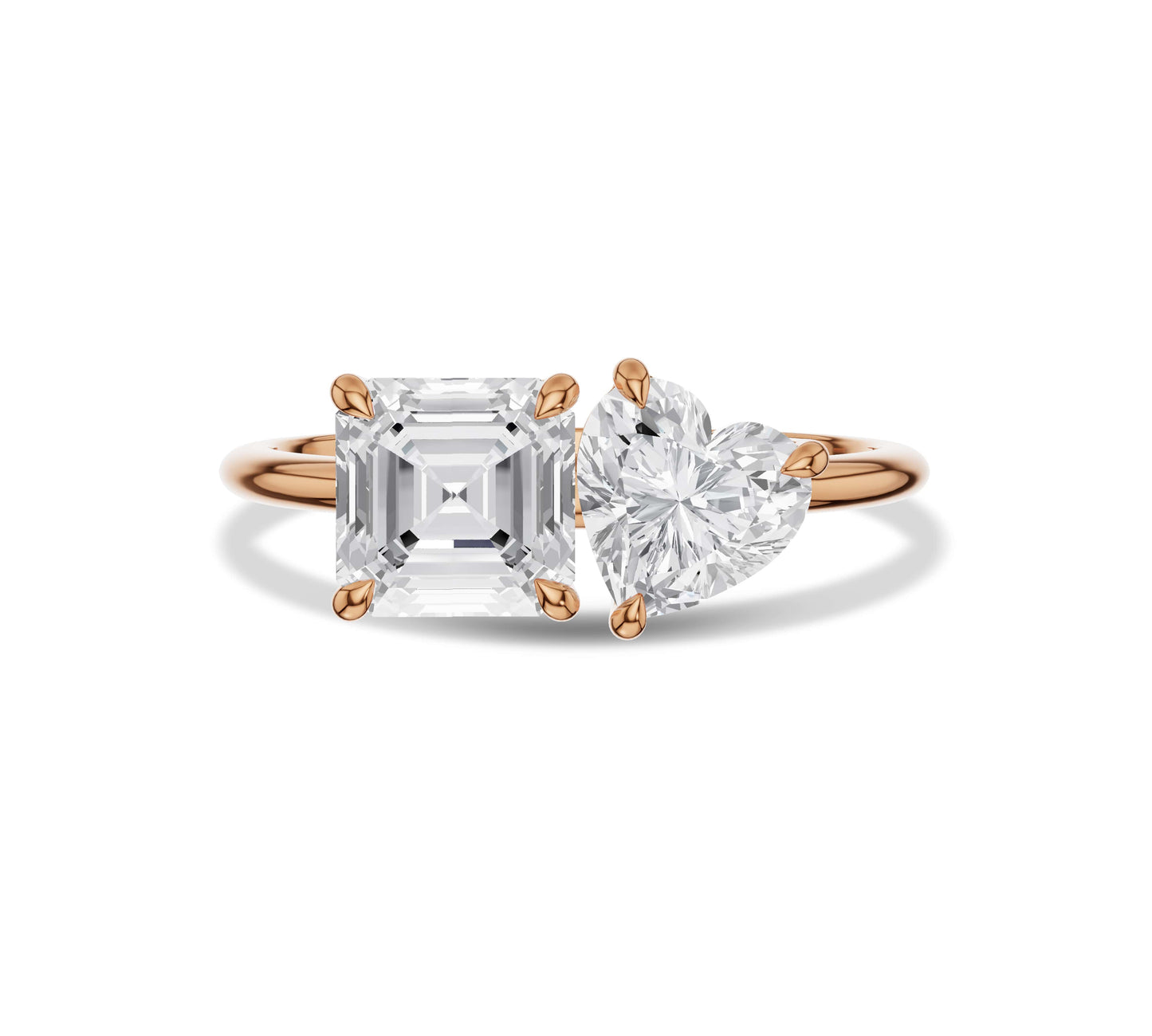 Rose gold double stone ring featuring heart and asscher moissanite