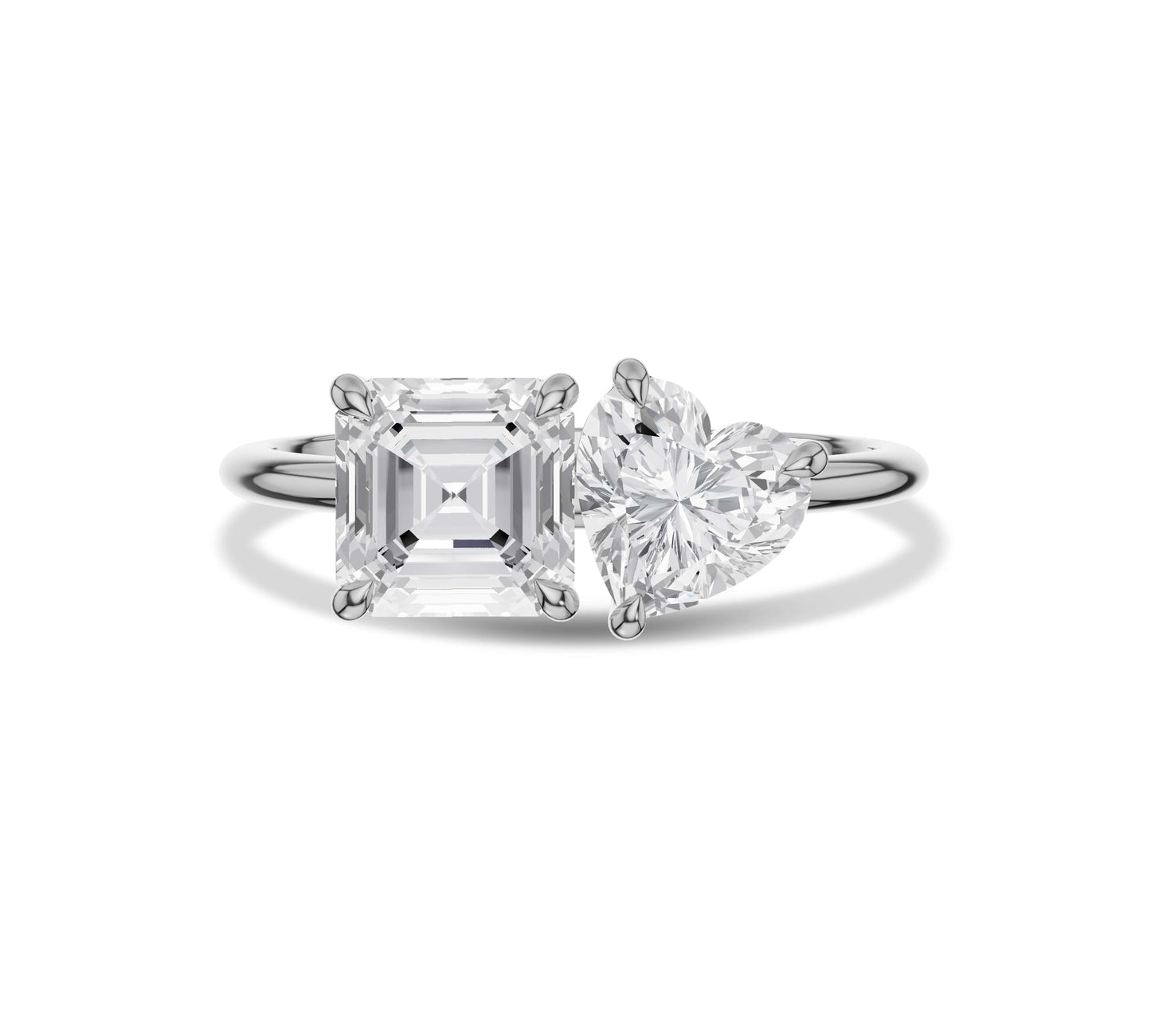 White gold lab grown Toi et Moi ring with romantic heart and asscher cut