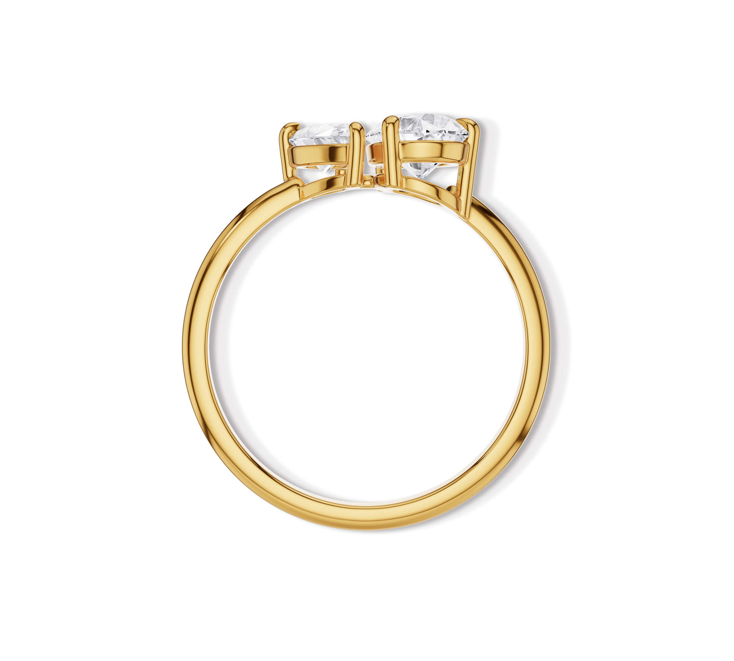 Modern engagement ring with pear shaped lab diamonds in yellow gold