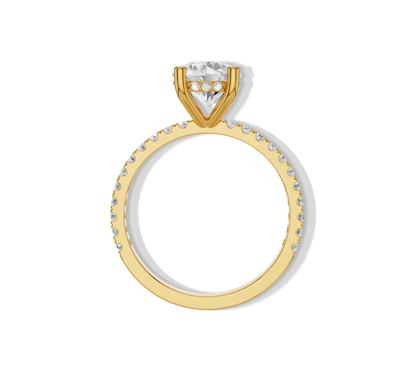 Round lab diamond ring with hidden halo in gold