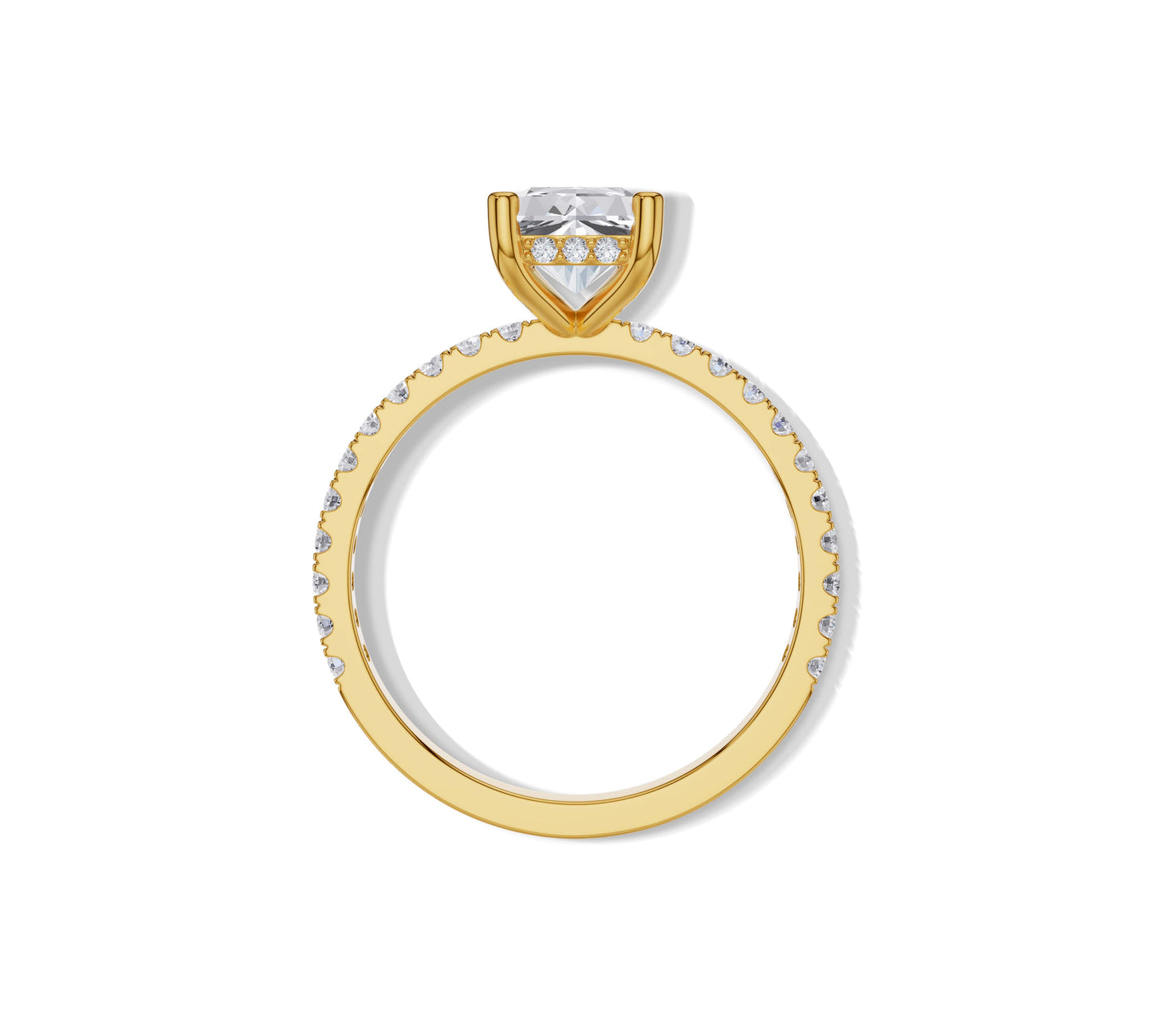 Hidden halo radiant cut solitaire ring in pavé yellow gold band