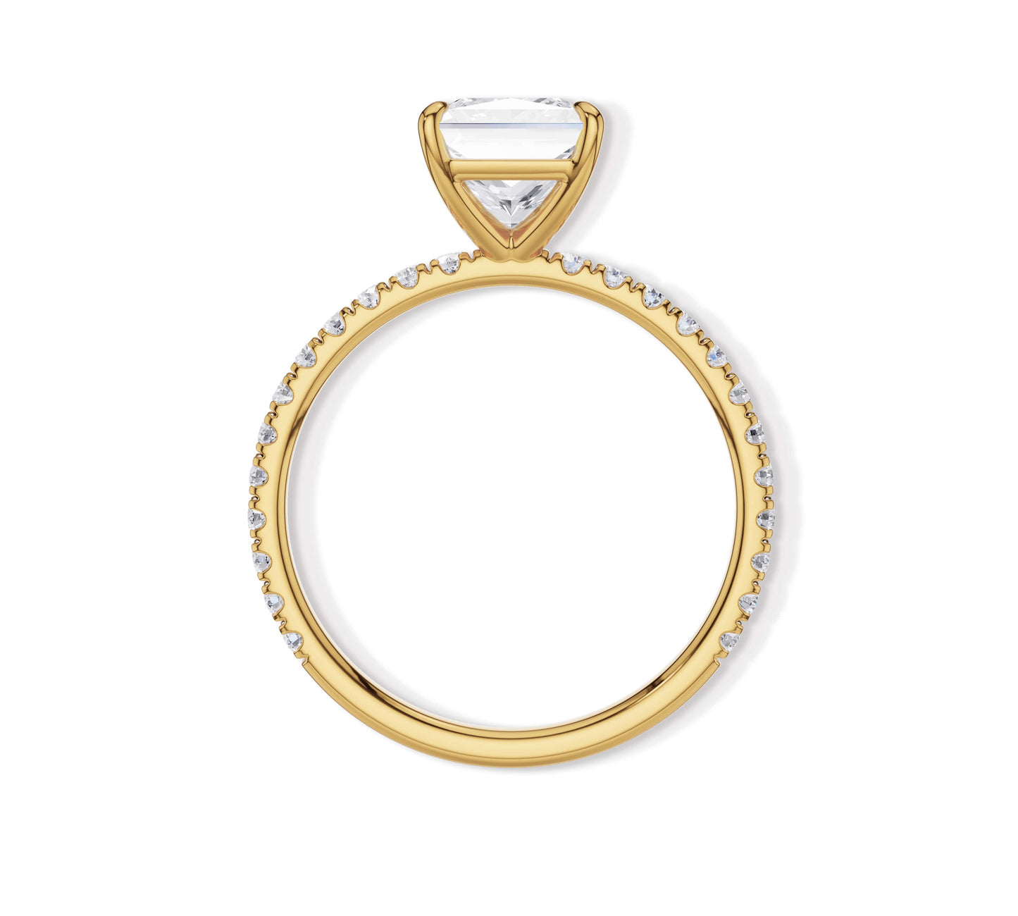 Yellow gold engagement ring with princess cut center and pavé