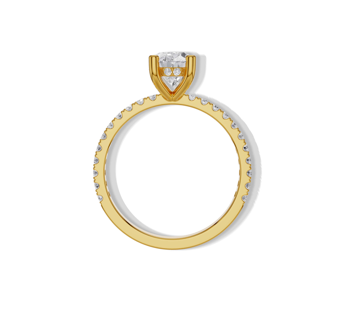 Elegant yellow gold band with floating oval lab diamond