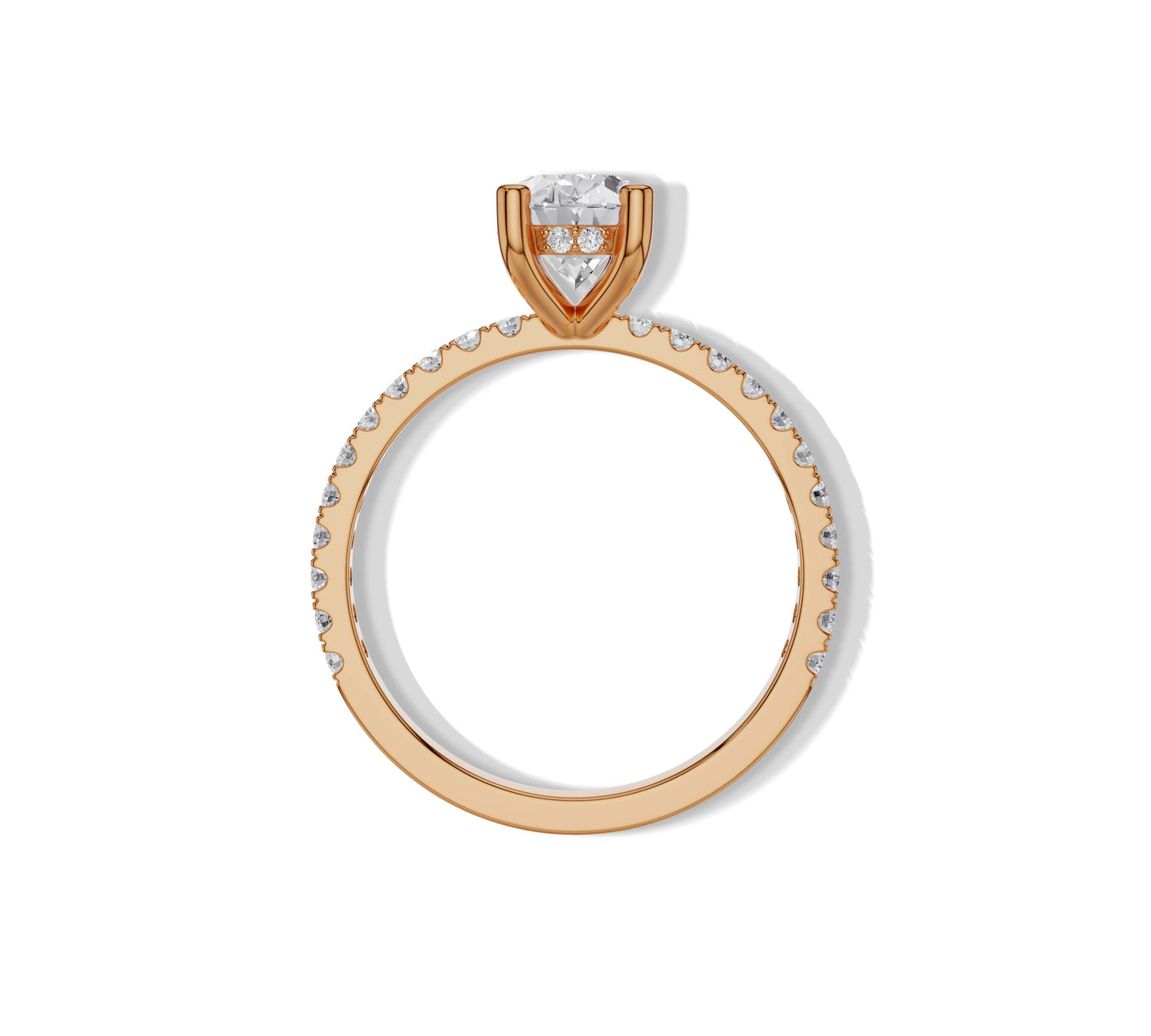 Floating oval solitaire in rose tone with hidden halo