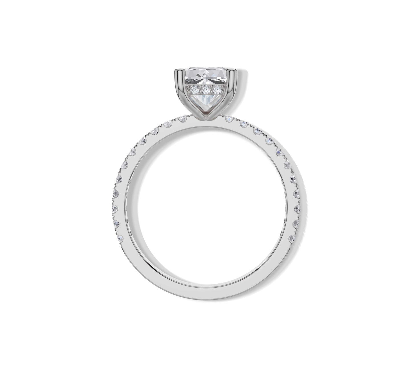 Sleek white gold hidden halo ring with radiant cut lab diamond
