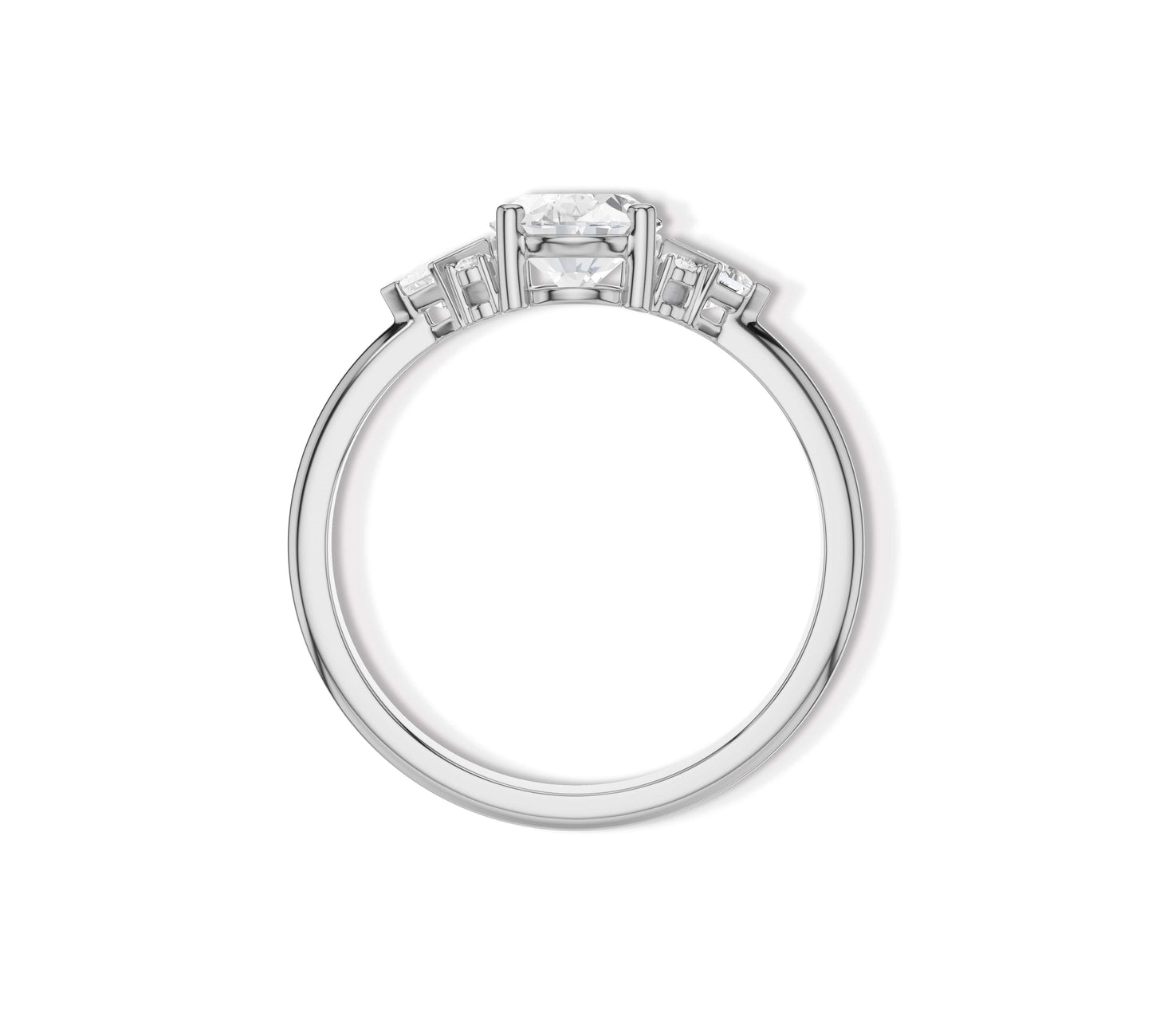 Oval cut diamond ring with princess and round stones in white gold