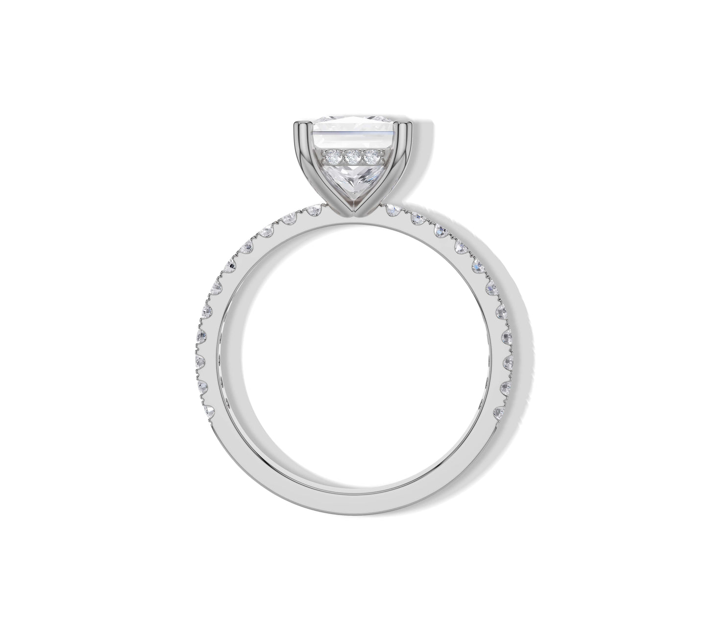 Pavé band ring with princess center in white gold