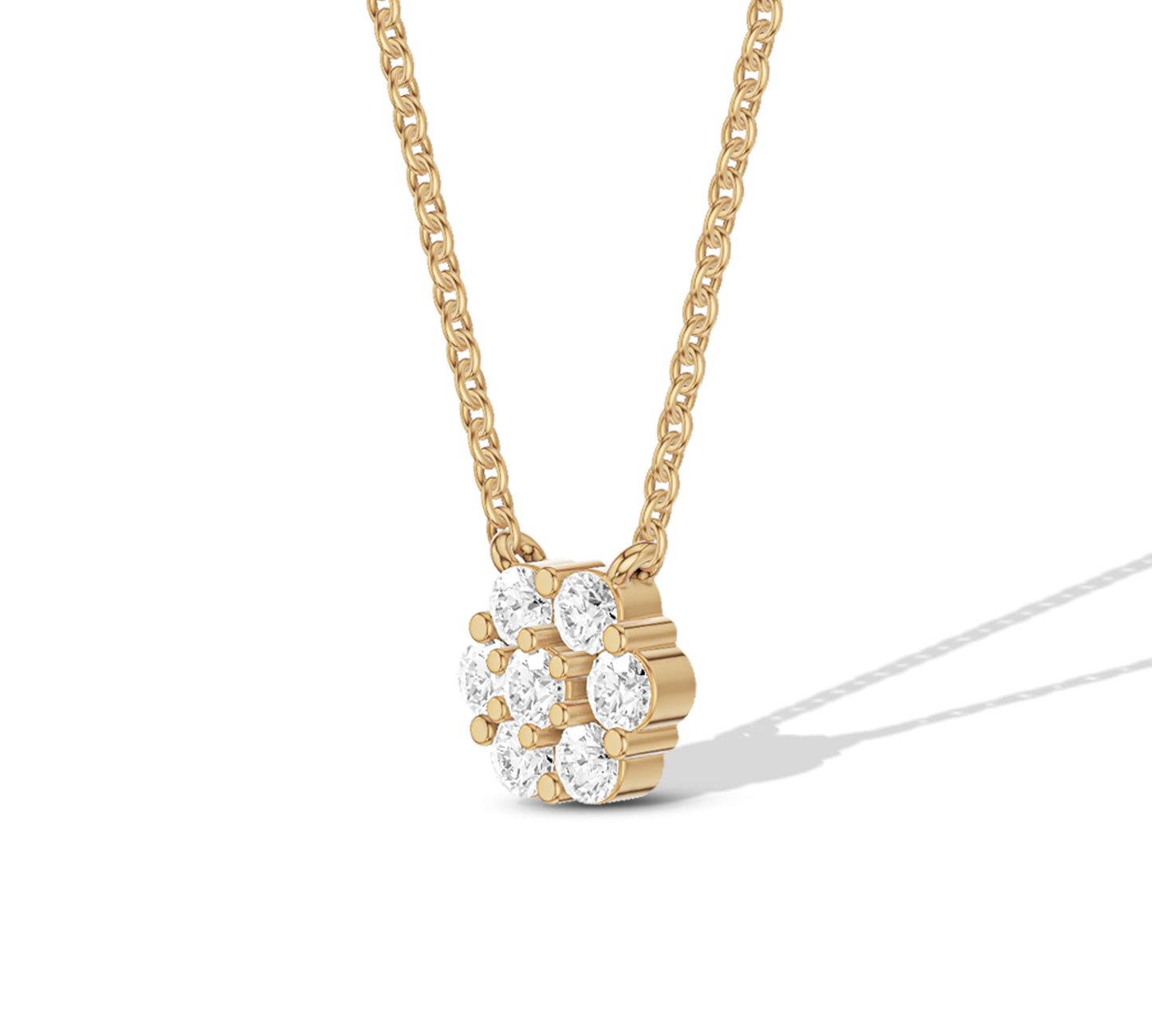 Round cut diamond cluster necklace with floral design