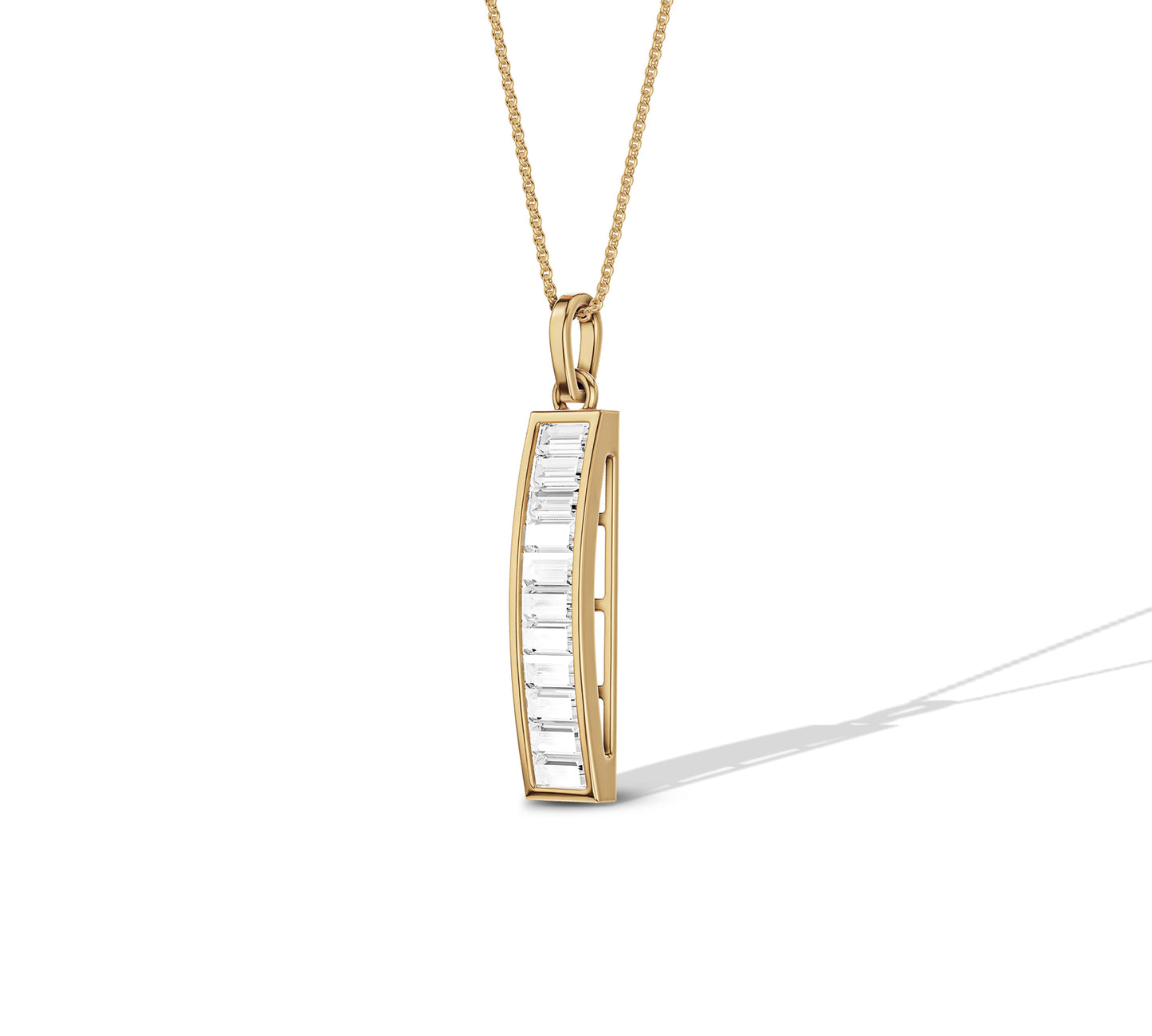 14K gold chain with elongated baguette diamond bar