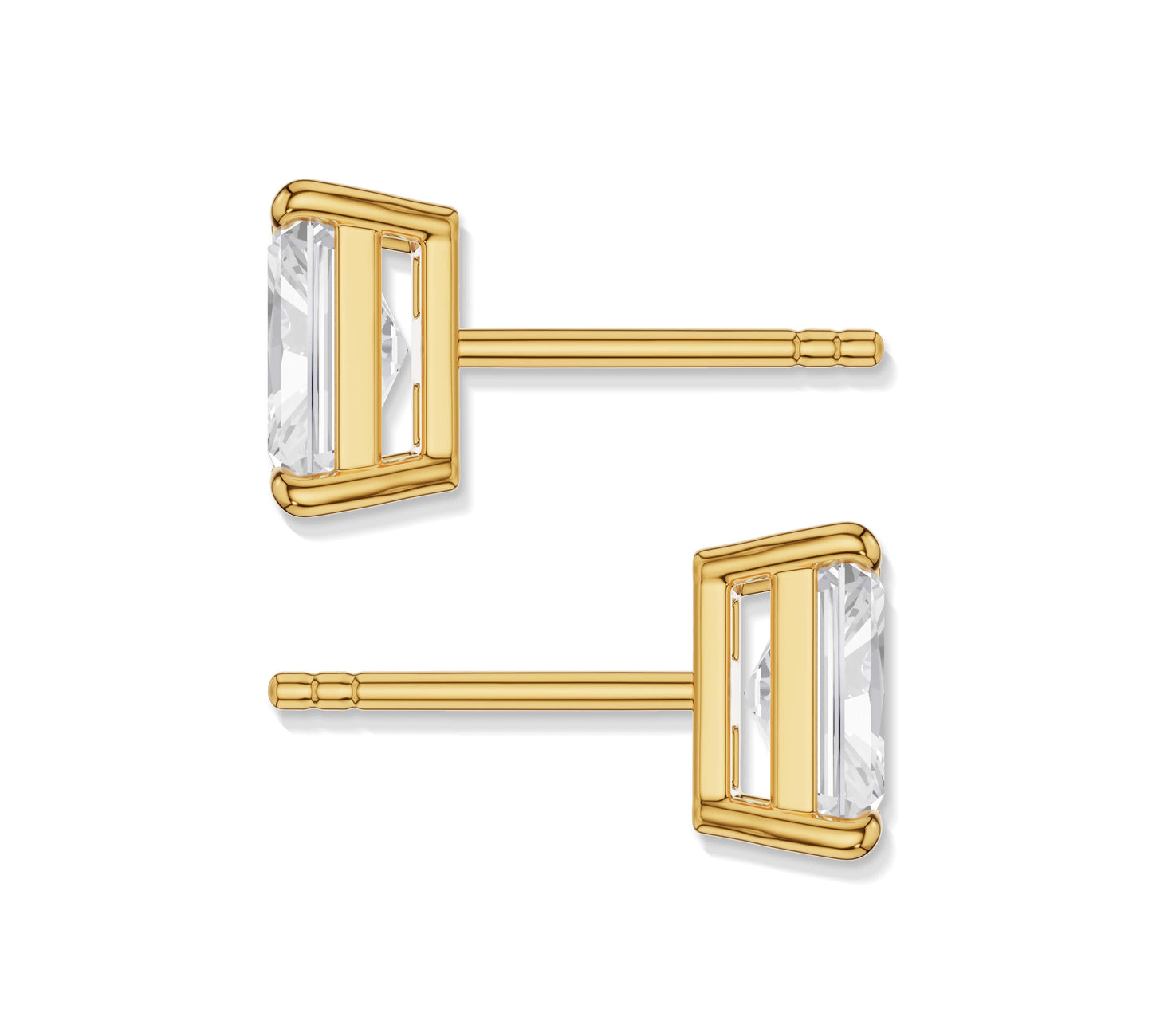 Long radiant cut studs in gold