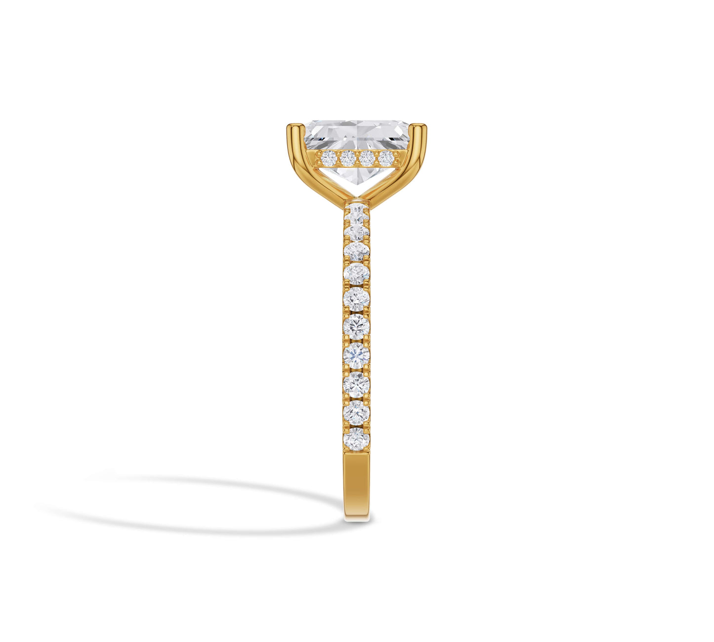 Sparkling radiant cut lab diamond ring in yellow gold setting