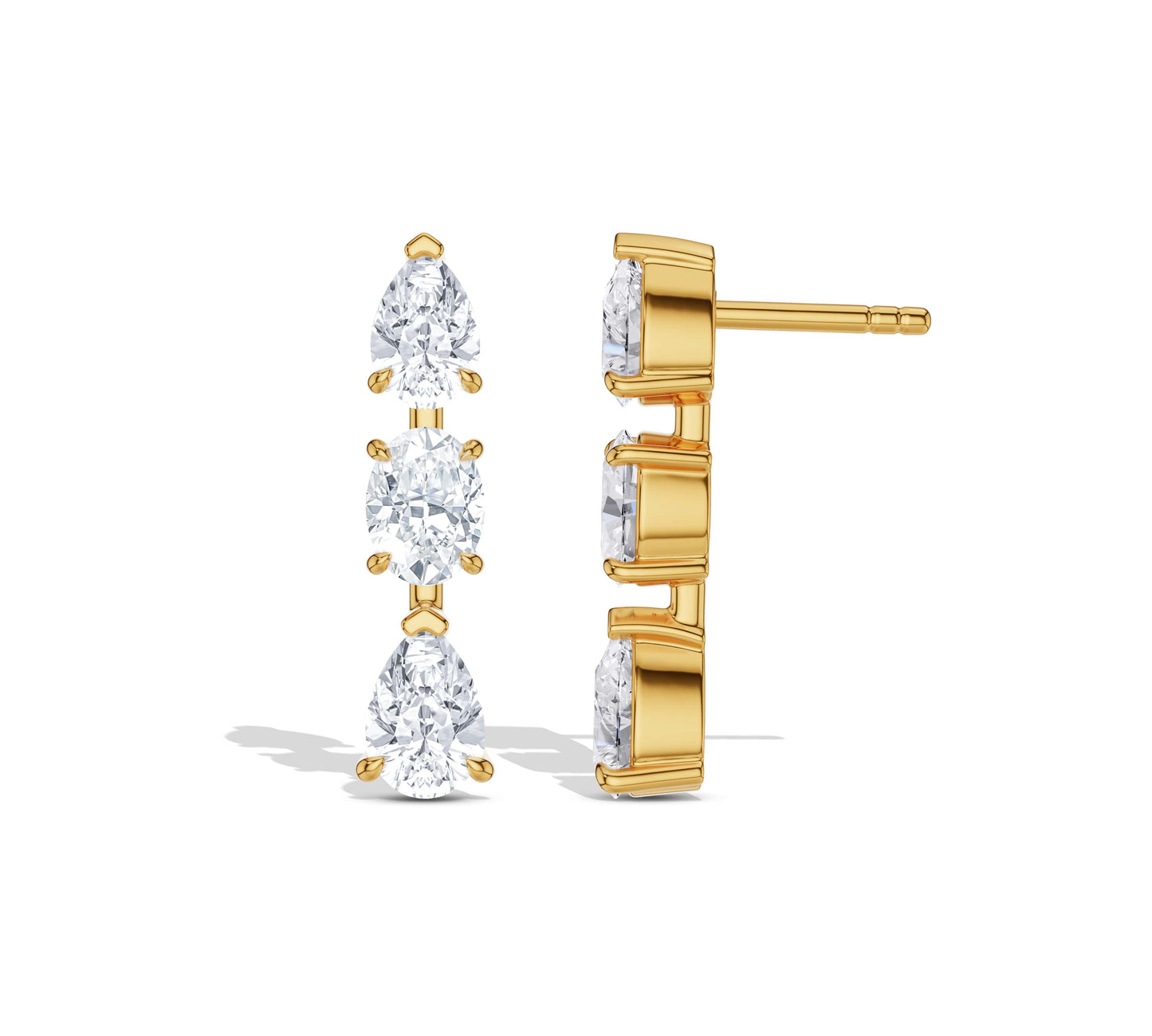 Elegant three-stone diamond drop earrings front and side view