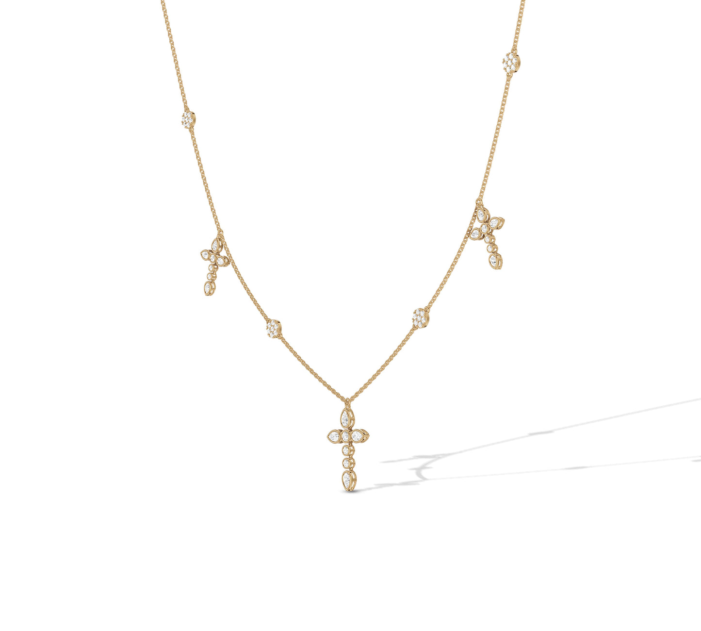 Dainty yellow gold necklace with diamond floral charm drops