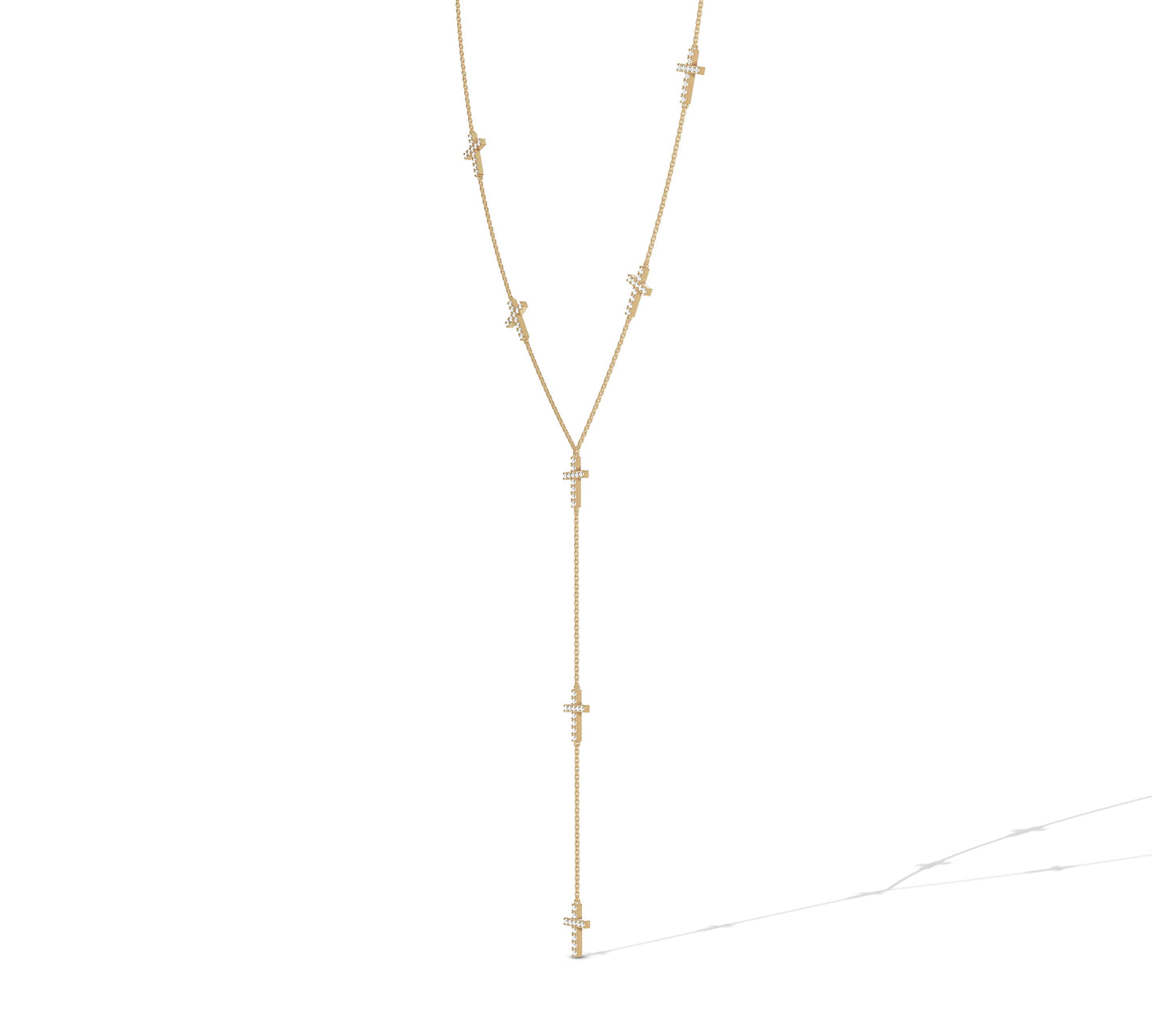 Rose gold Y-necklace with cascading diamond crosses