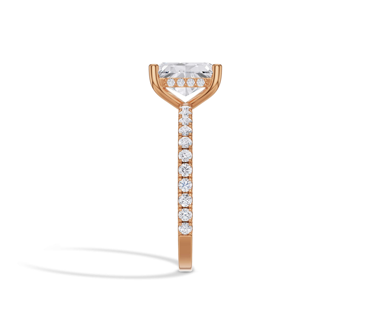 Rose tone radiant lab-grown diamond ring with halo and pavé
