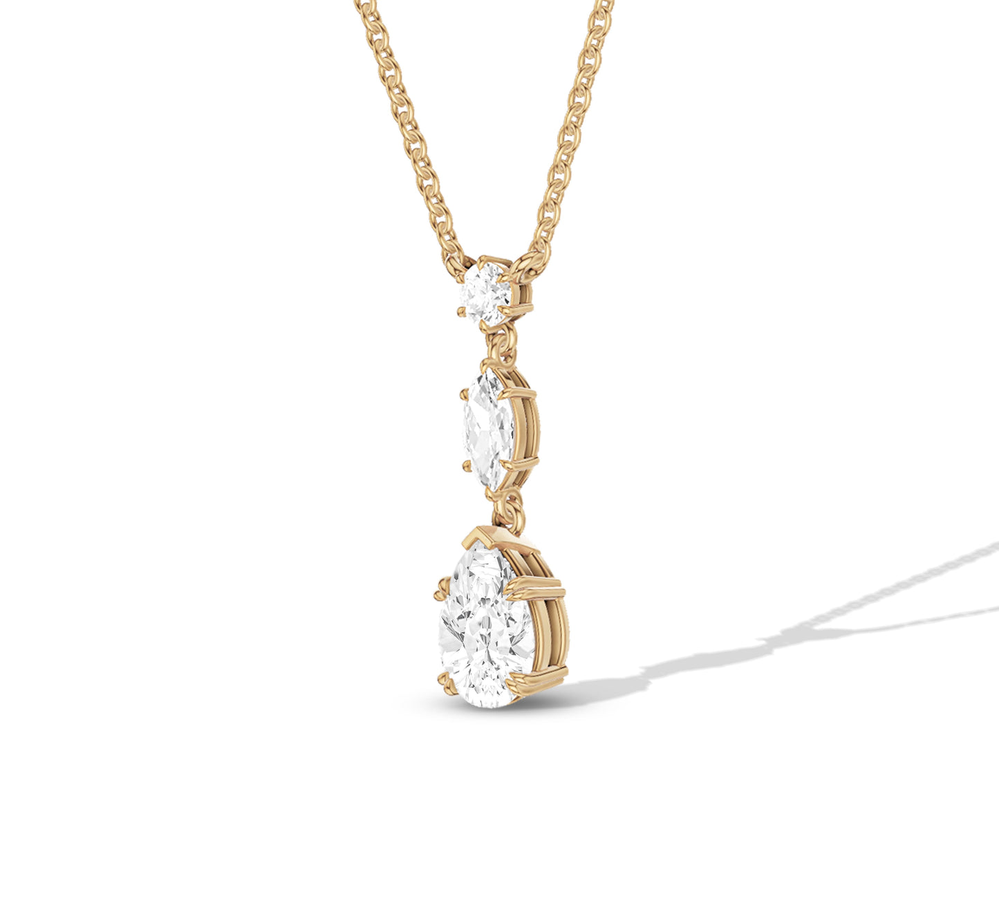 14K white gold necklace featuring trio of round-cut diamonds
