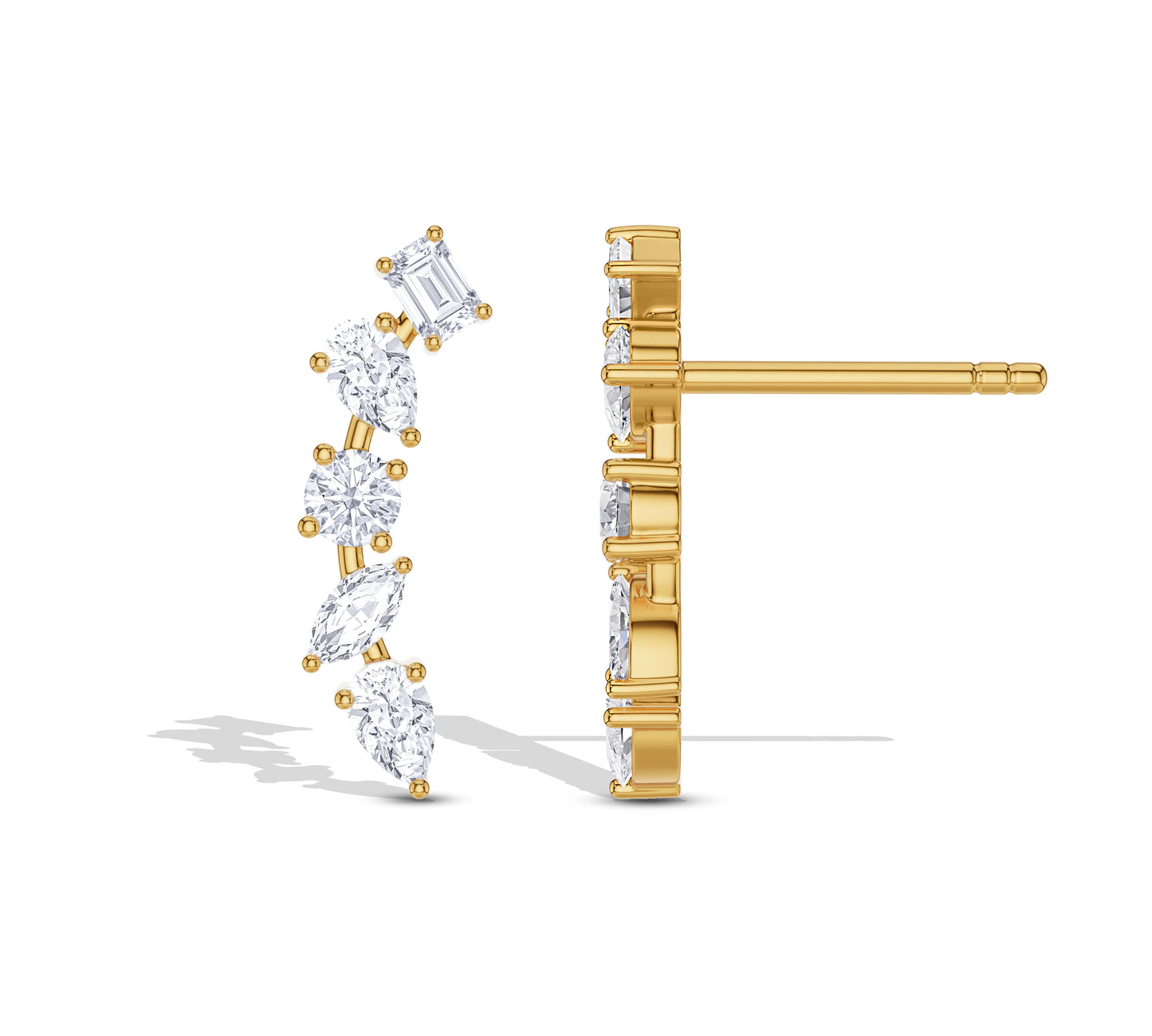 Unique gold ear climbers with mixed diamond cuts
