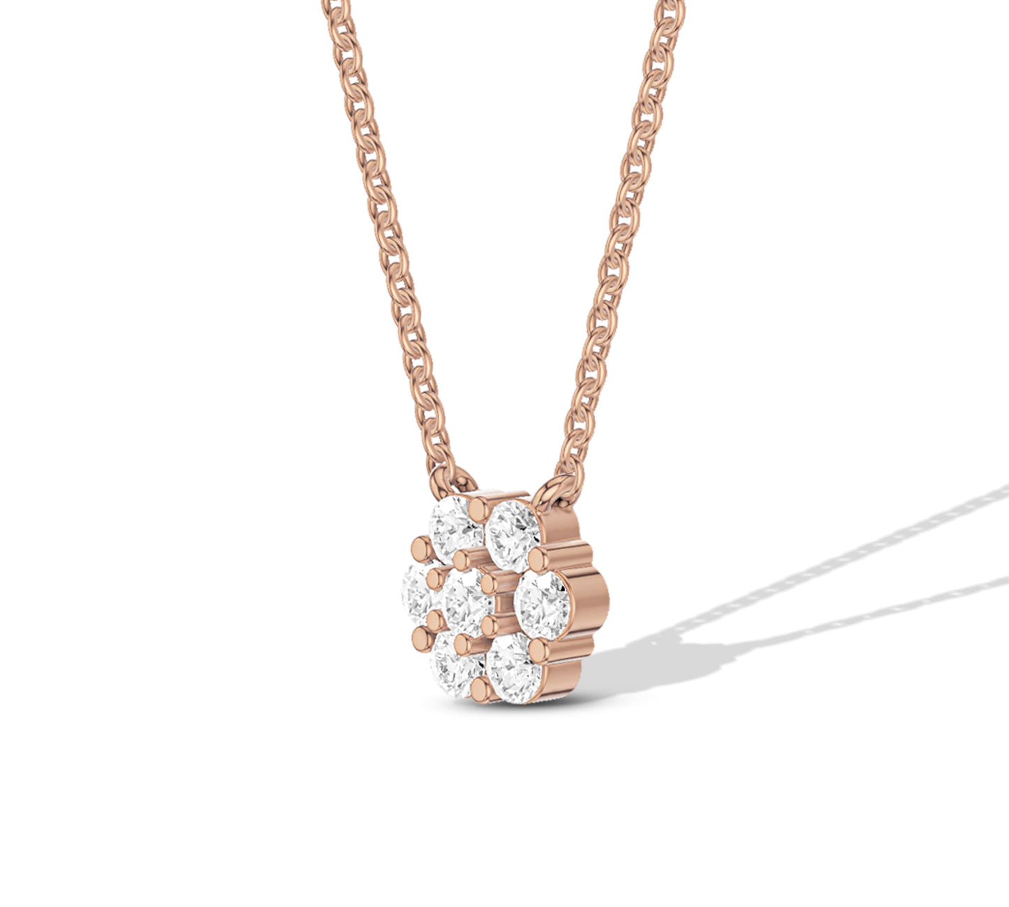 Close-up of a flower-shaped diamond pendant necklace