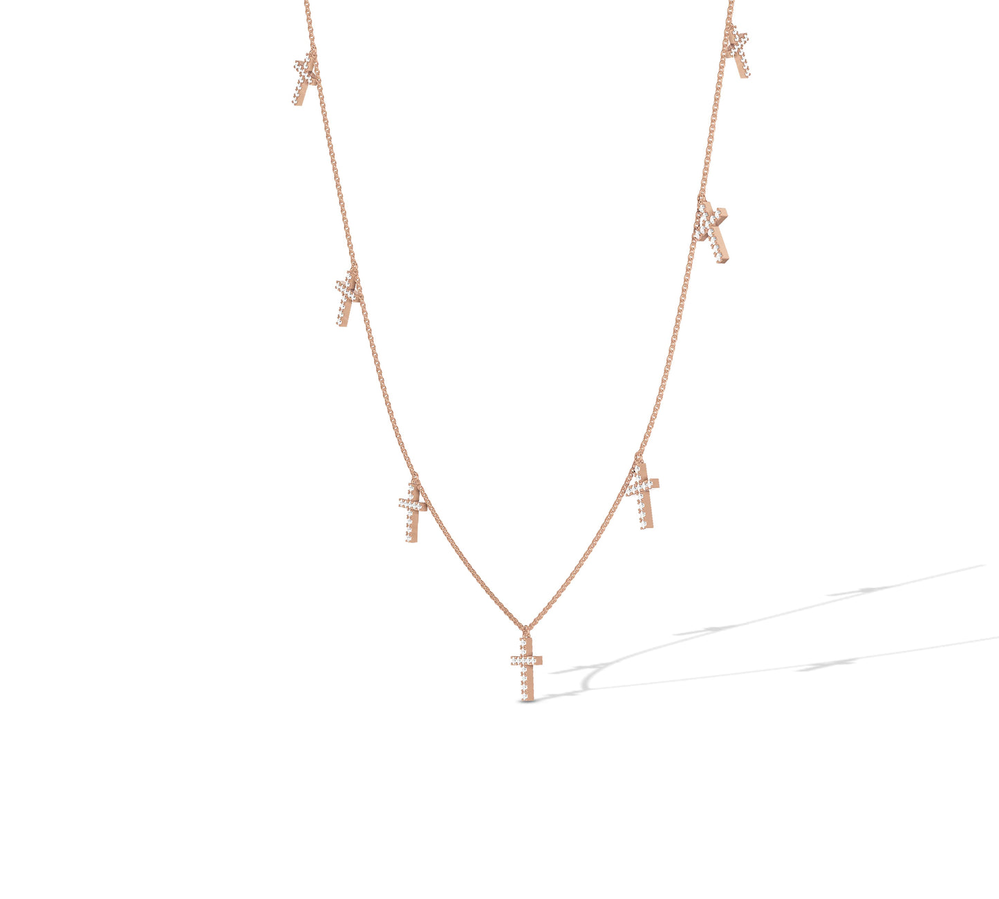 Stylish 14K rose gold multi-cross drop necklace