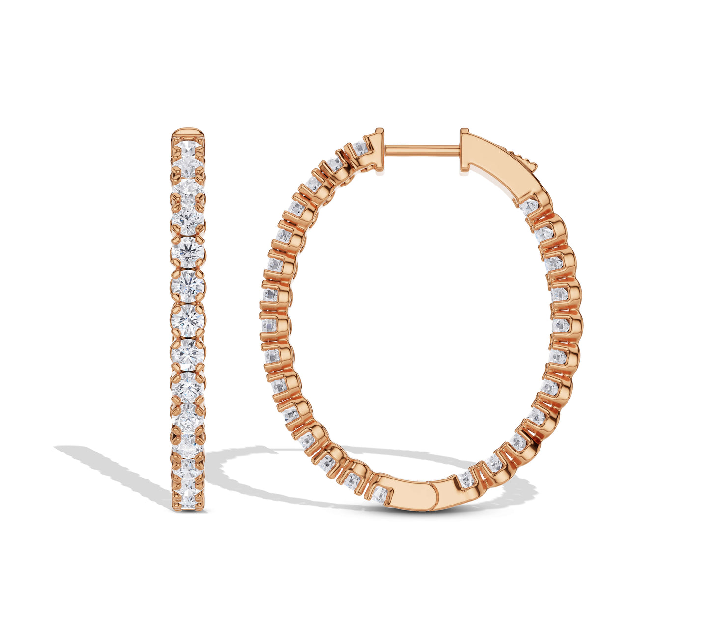 Gold hoop earrings with prong-set diamonds