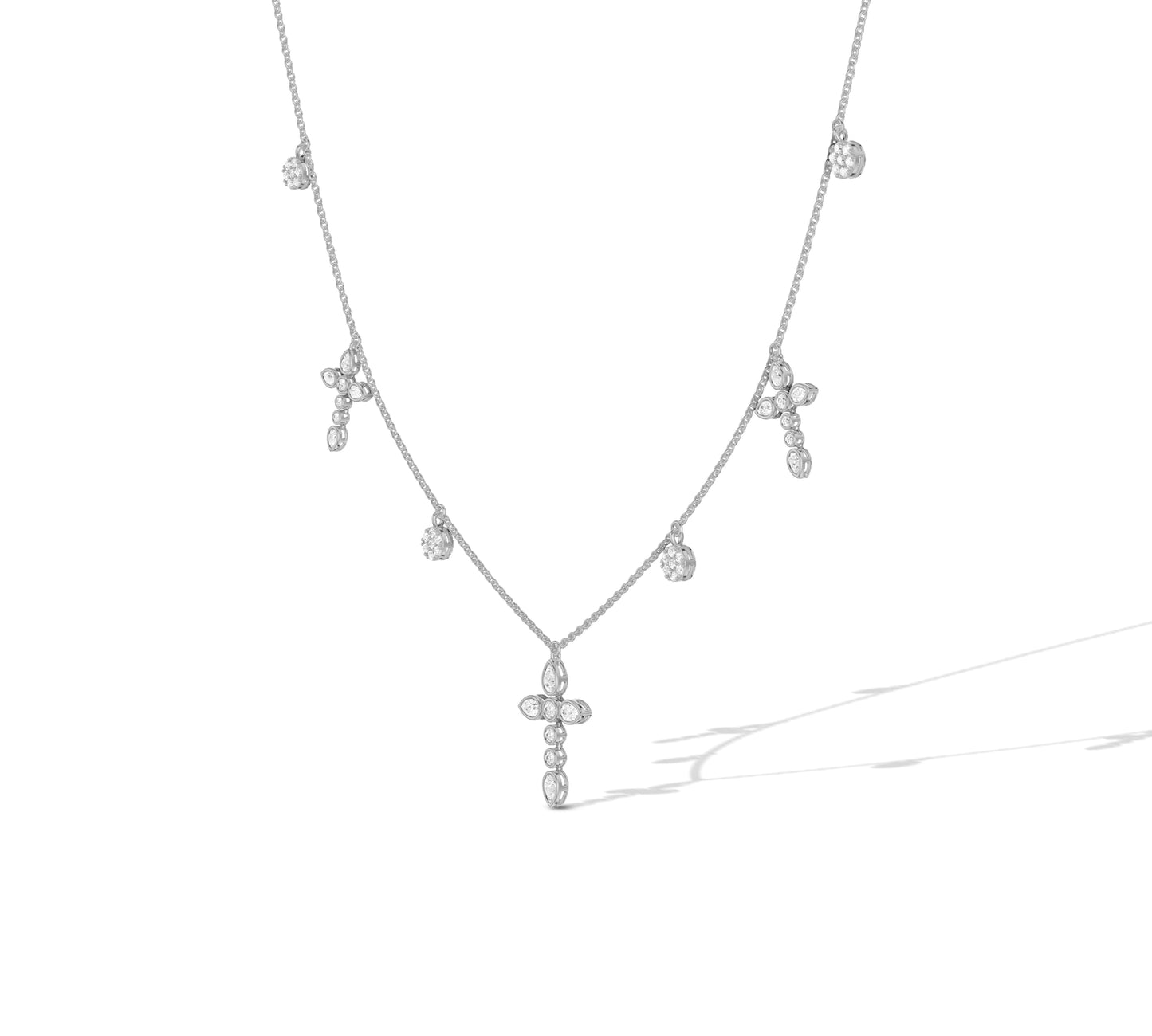 Feminine floral cross necklace in white gold