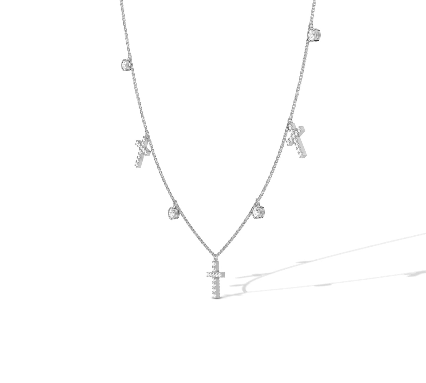 White gold diamond station and cross necklace