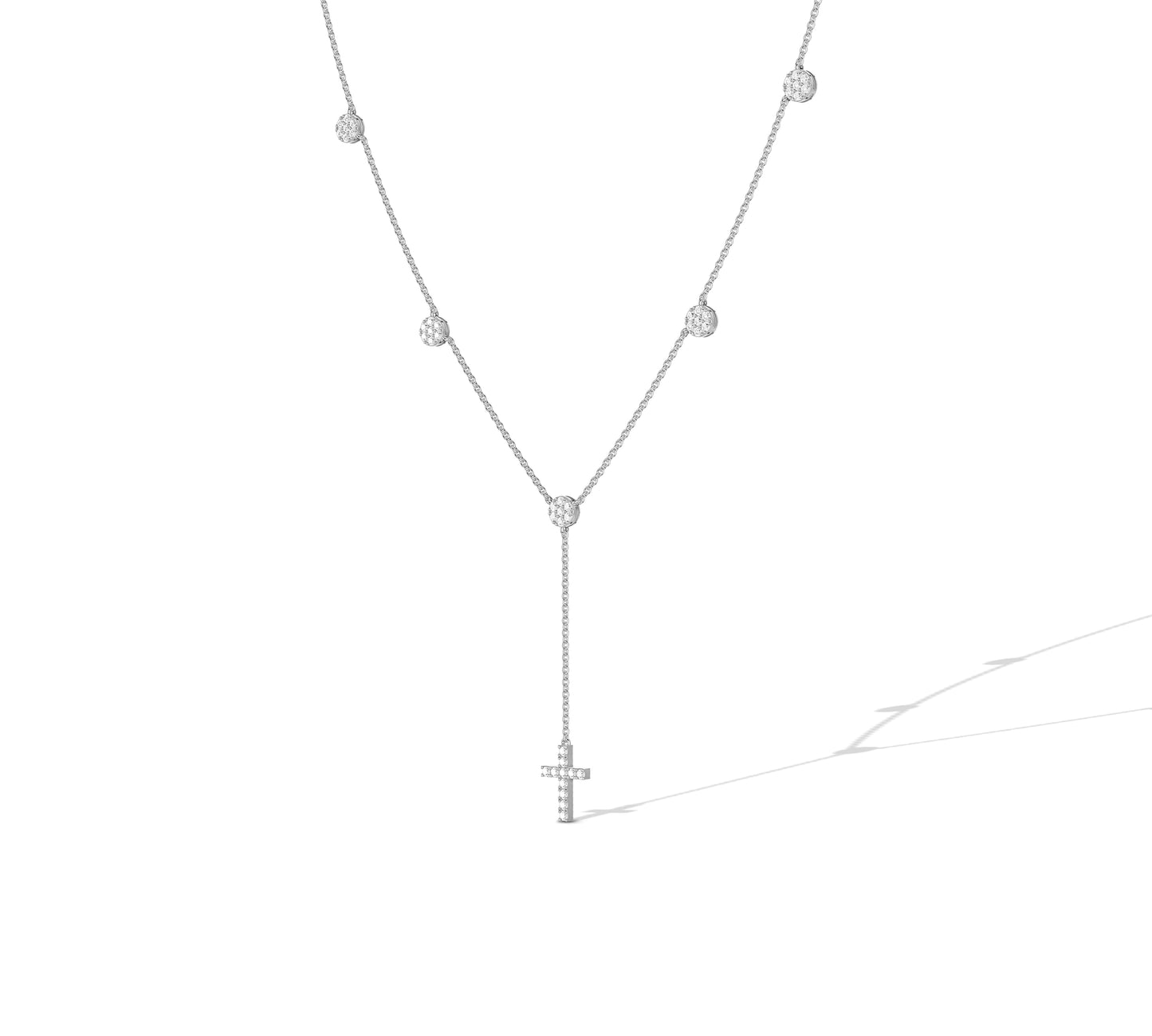 White gold lariat necklace with cross and bezel sparkle