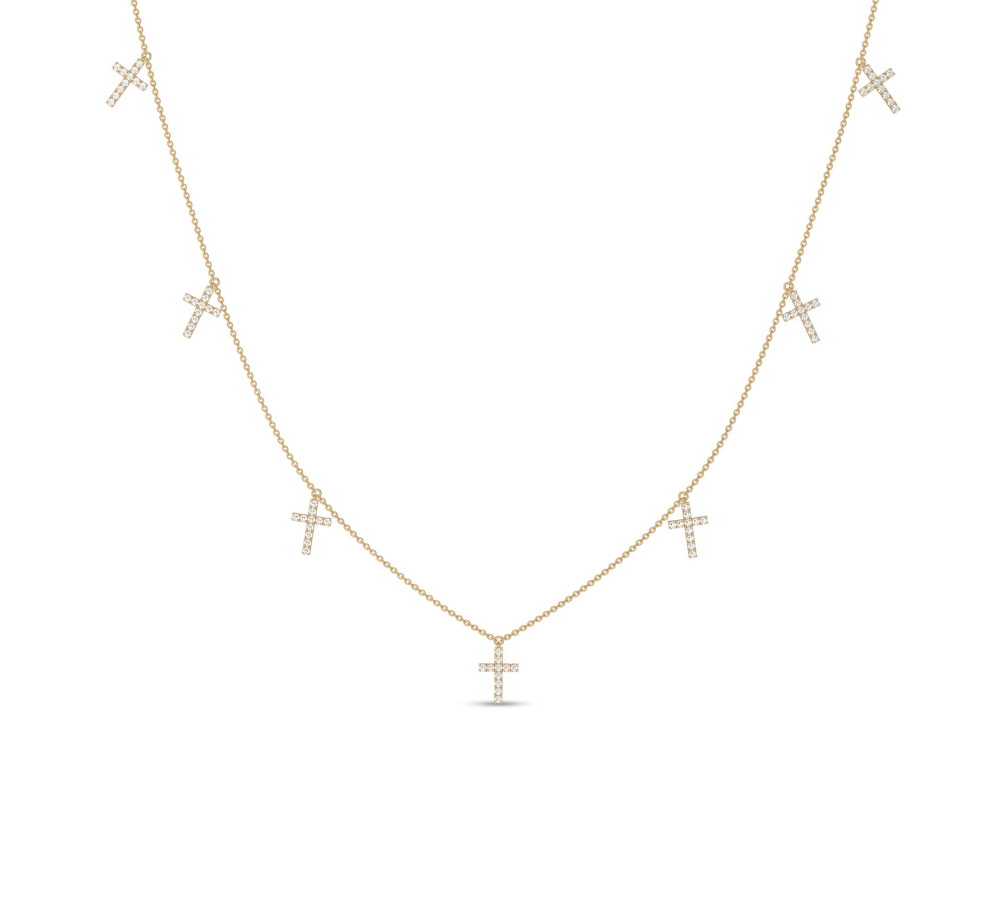 Yellow gold necklace with seven diamond cross drops
