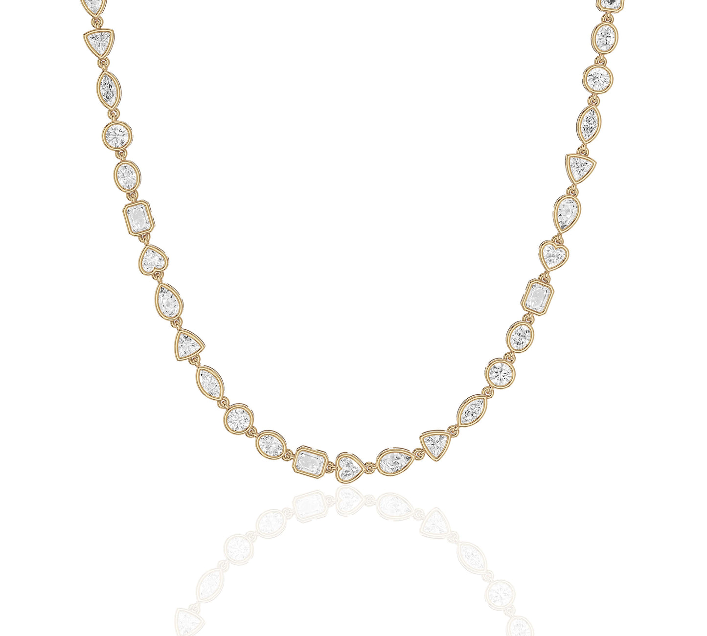 Close-up of gold bezel-set diamond tennis necklace