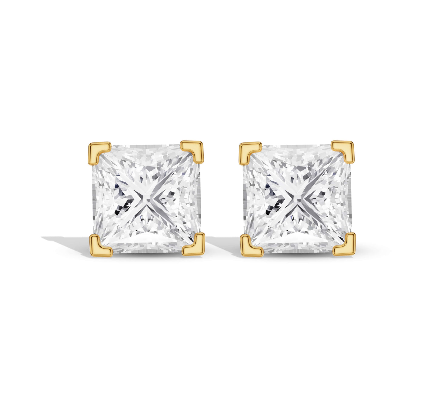 Princess cut claw set earrings yellow gold
