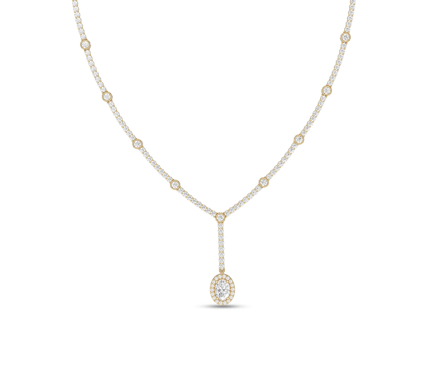 Y-necklace with diamond halo oval drop