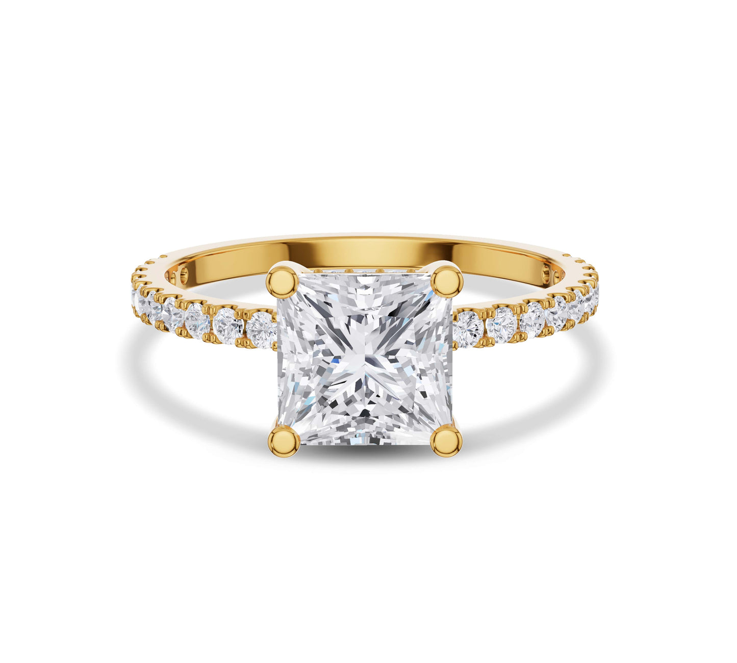 princess cut lab diamond ring in yellow gold pavé band