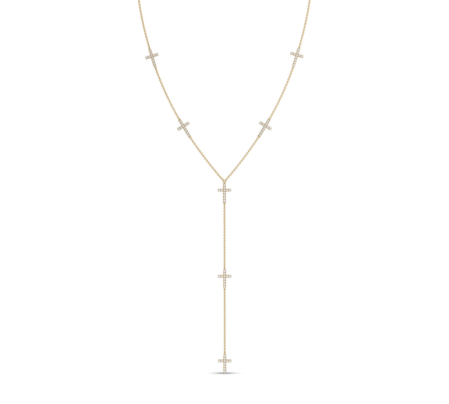 Yellow gold lariat necklace with vertical cross drops