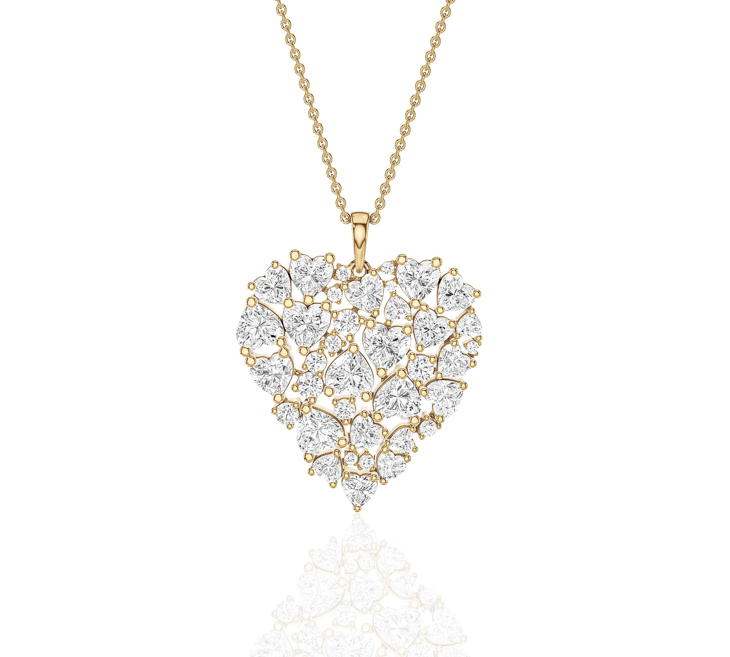 Close-up of heart-shaped cluster diamond pendant on gold chain